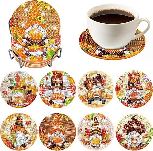 8 posavasos con diseño de gnomo de diamante para Acción de Gracias, posavasos de arte de diamante con soporte, posavasos de gnomo de diamante,