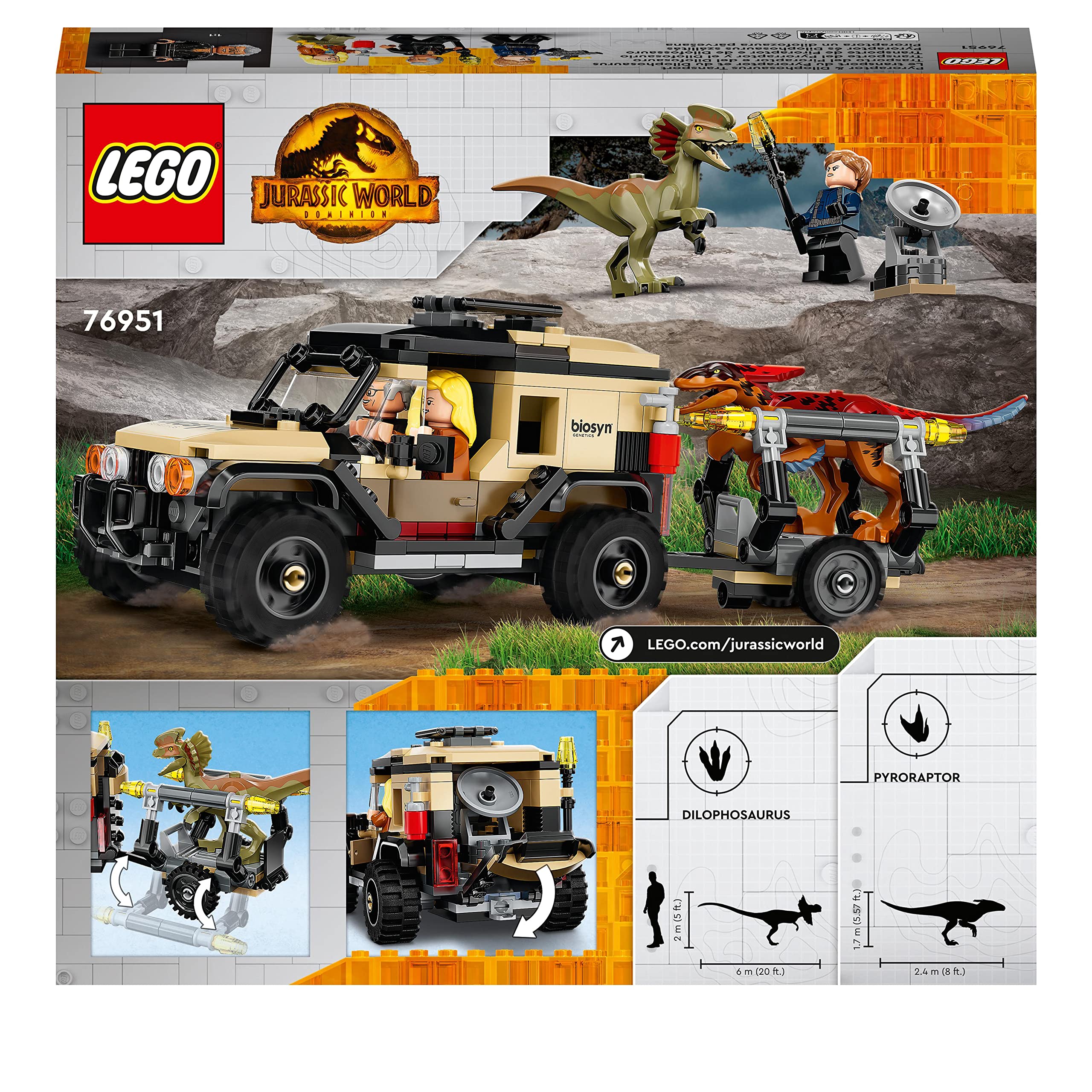 LEGO Jurassic World Trasporto del Piroraptor e del Dilofosauro, Set con 2 Dinosauri Giocattolo, Fuoristrada e 3 Minifigure, Giochi per Bambini e Bambine da 7 Anni in su, Idea Regalo Fan dei Dino 76951