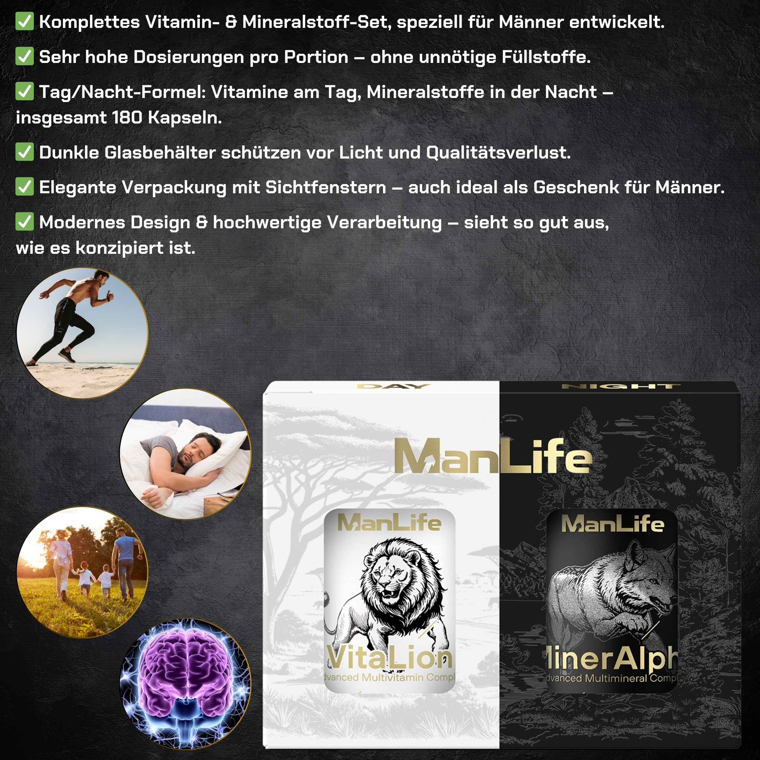 Multivitamin & Mineral Komplex für Männer – D3, K2, B-Komplex, Magnesium, Zink - VitaLion&MinerAlpha ManLife 180 vegane Kapseln