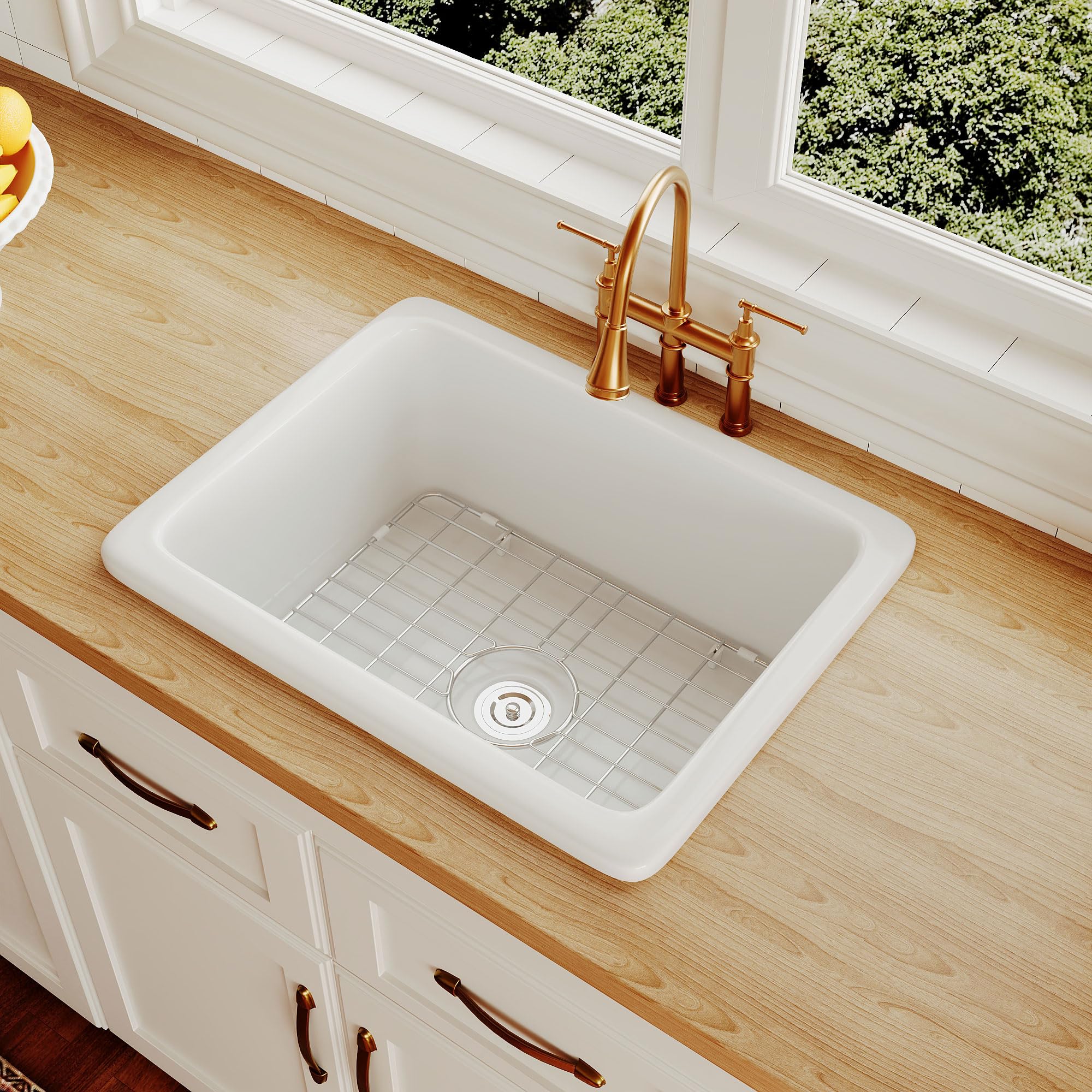 DeerValley Farmhouse Kitchen Sink 24 inch, White Fireclay
