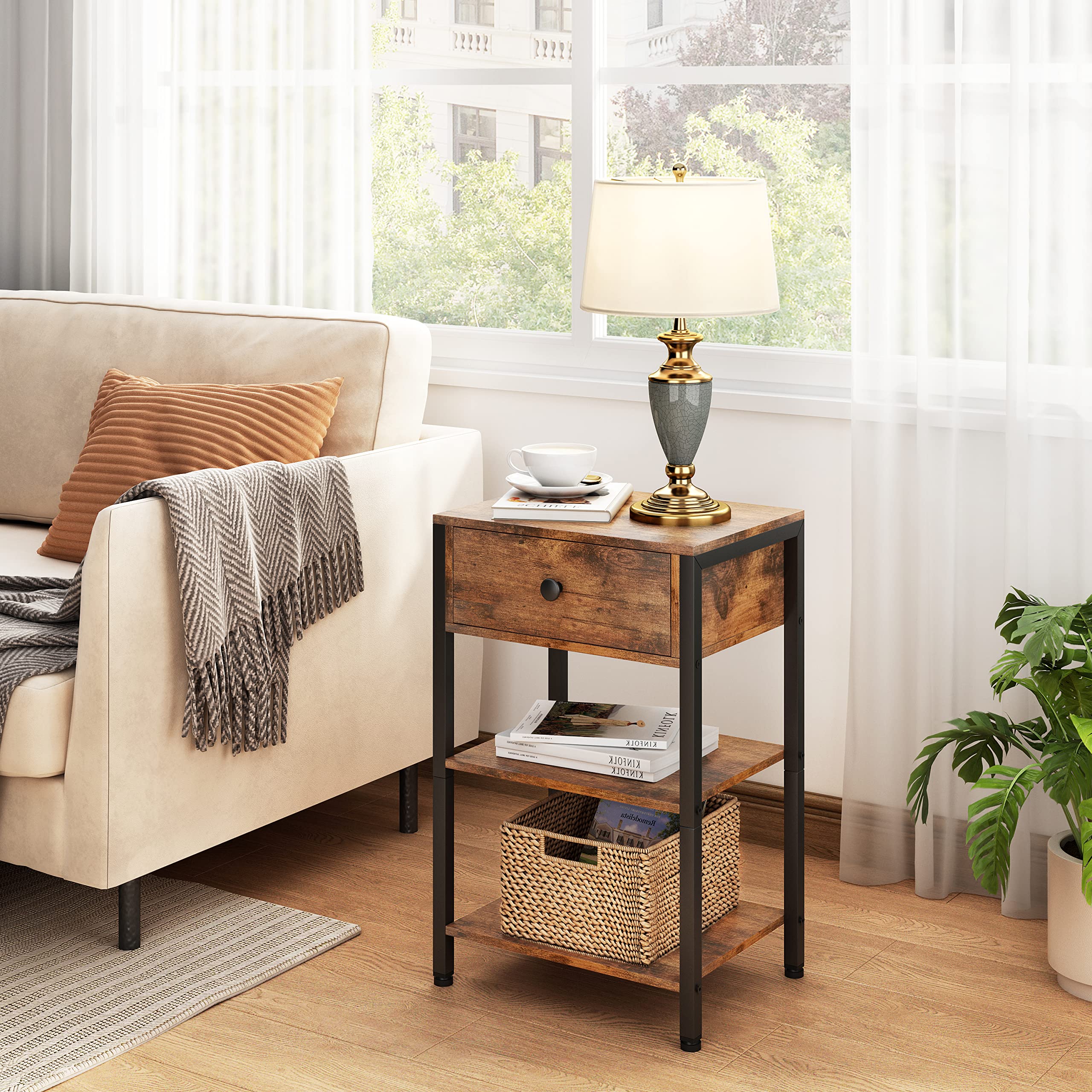 Hoctieon Nightstand, End Table with Drawer, Beside Table Furniture, Tall Nightstand Dresser, Open Storage Shelf, Easy Assenbly, for Bedroom, Living Room, Office, Wood, Rustic Brown