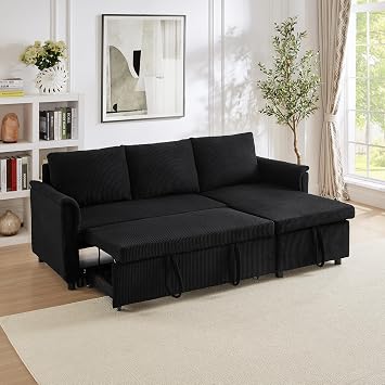 77" Corduroy Tufted Deep Seat Single Sofa Bed, Foldable Sofa Bed with Storage, Comfy Fabric Sleeper Couch for Living Rooms, Black