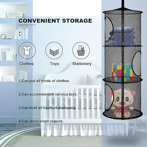 Miniatura 6 de Libeder 2 bolsas plegables de malla para colgar para guardar espacio, almacenamiento de animales de peluche, 3 compartimentos, bolsa colgante de