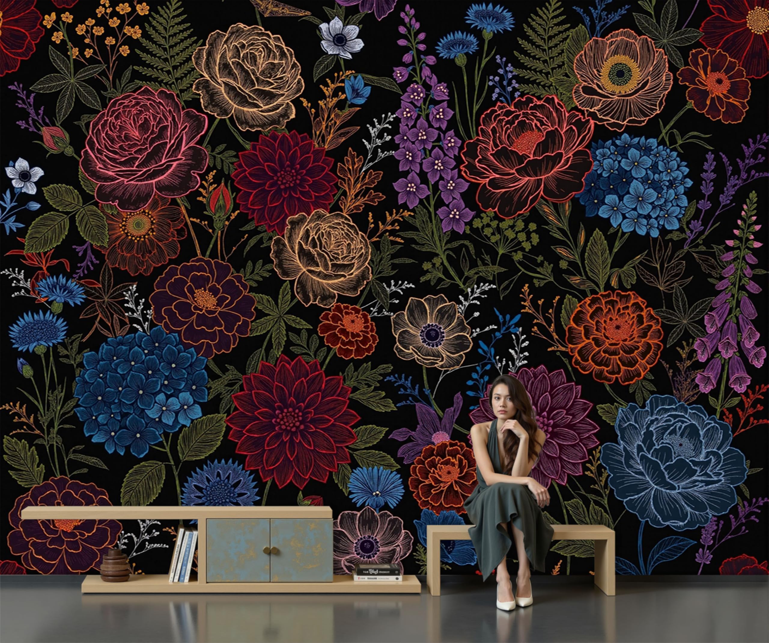 Carta Da Parati Linee floreali scure, Moda XXL Design Disegno a linea di rosa Fotomurali in Seta 300x210cm Moderna Decorazione da Parete per Camera da Letto Soggiorno Nero e rosso