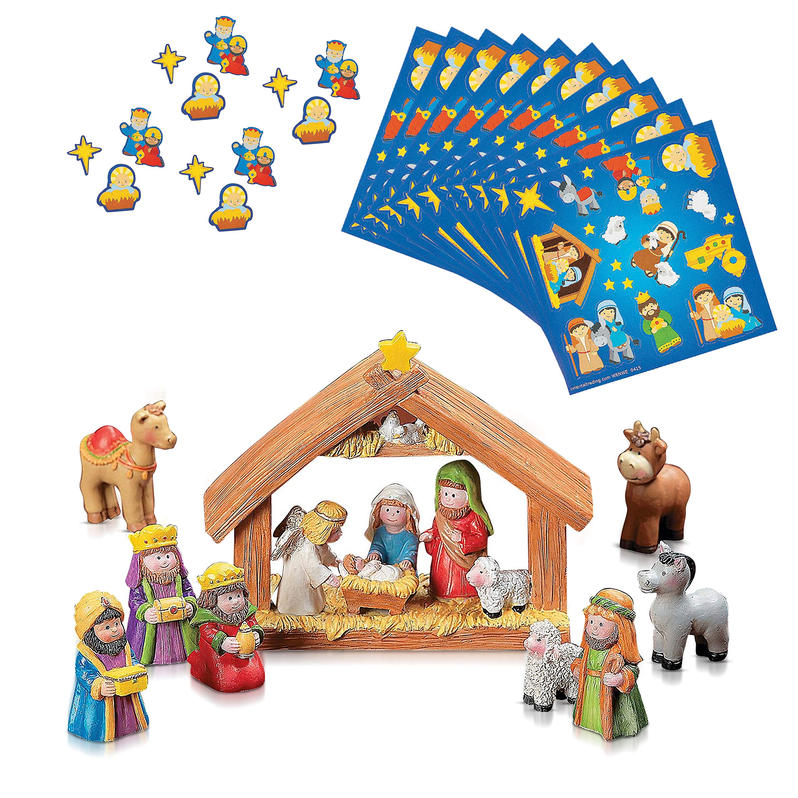 FAVONIRChristmas Mini Nativity Set for Decoration and Playset – Kids Educational Pack – with 12 Adorable Sticker Sheets Craft for Stocking Stuffers Handouts.