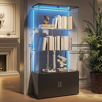 Glass Display Cabinet Glass Display Cabinet with Door and Lock Glass Display Case with LED Lighting for Collections 3 Layers Collector's Display Cabinet Standing Display Cabinet for Bedroom Office Black Light Strips