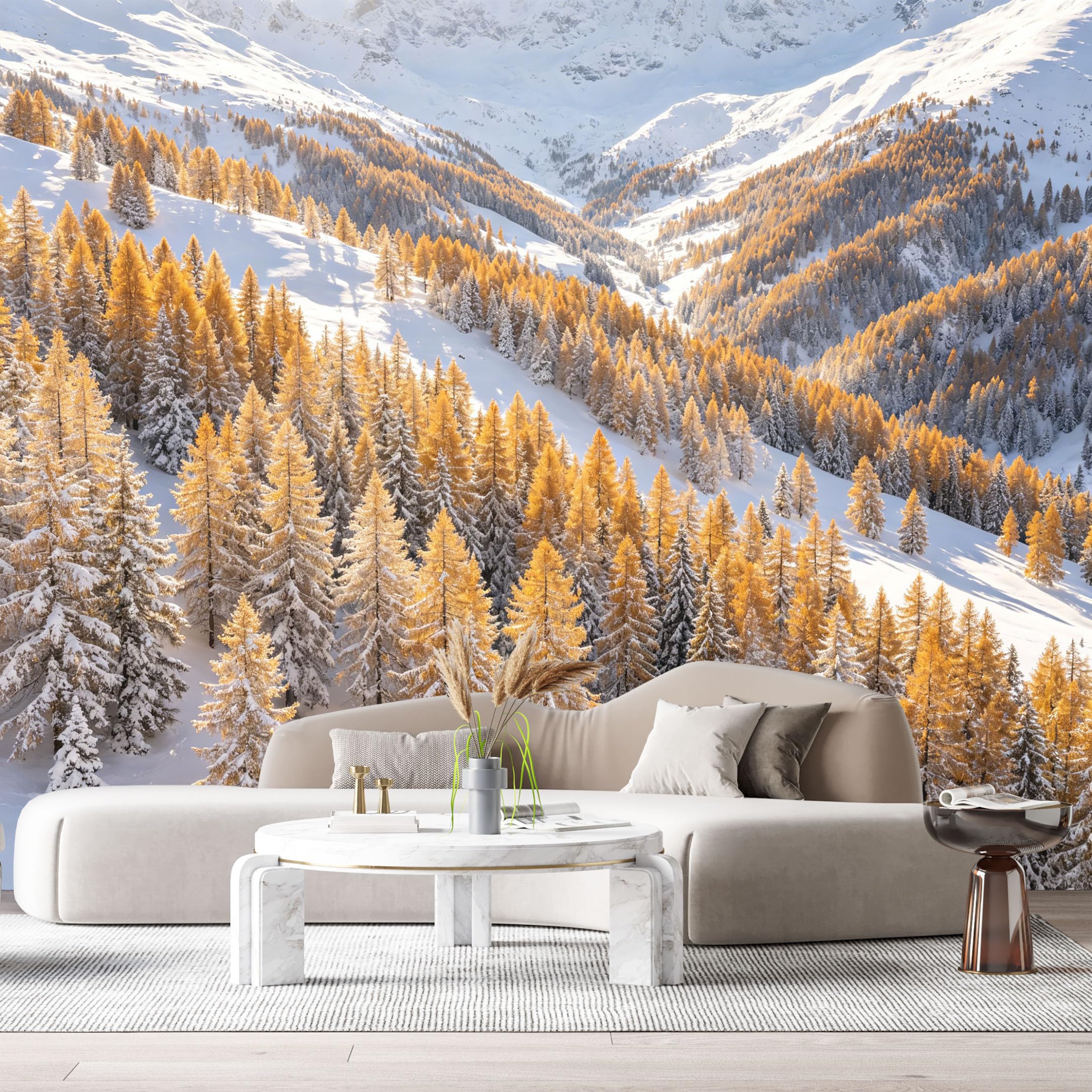 Custom Size Wall Murals Golden Larch Forest Landscape Snowy Mountain Peaks Winter Scene SelfAdhesive Wall Fabric Removable Large Wallpaper for Photo Living Room