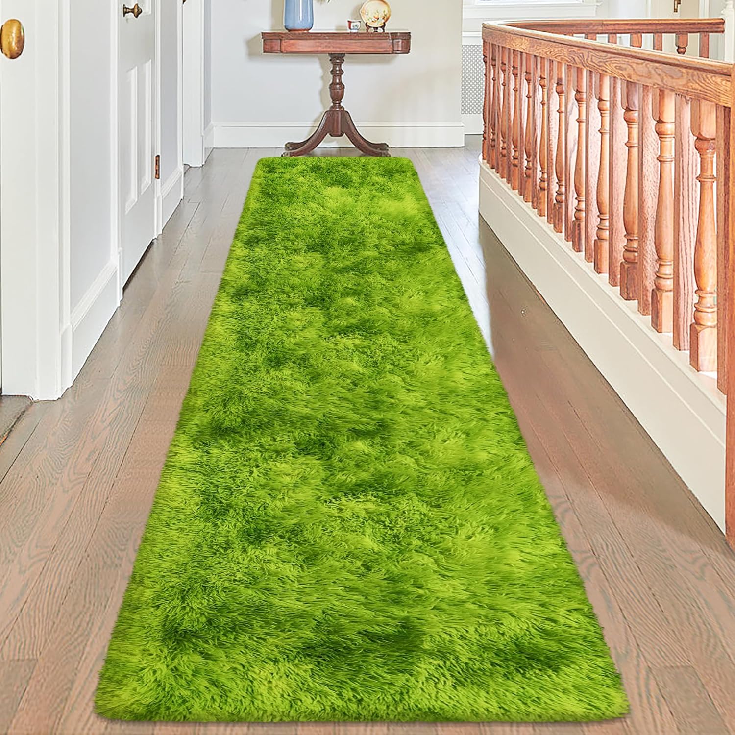 Grass Green Tie Dyed Rug 2x8 ft Plush High Pile Shag Carpet Fluffy Soft Runner Bedside Rug for Bedroom Living Room Hallway Nursery Kids Home Decor