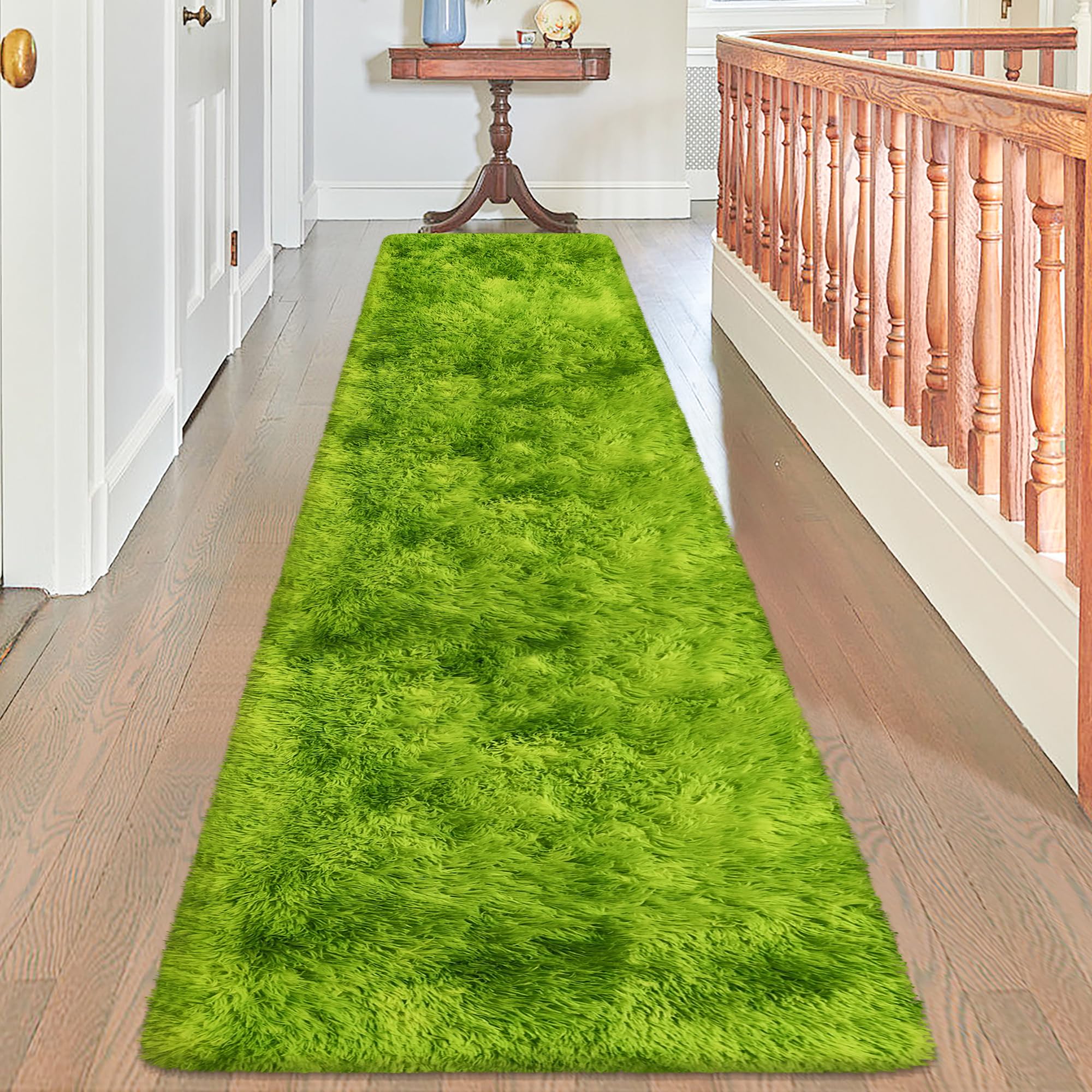 TENNOLA Grass Green Tie Dyed Rug 2x8 ft Plush High Pile Shag Carpet Fluffy Soft Runner Bedside Rug for Bedroom Living Room Hallway Nursery Kids Home