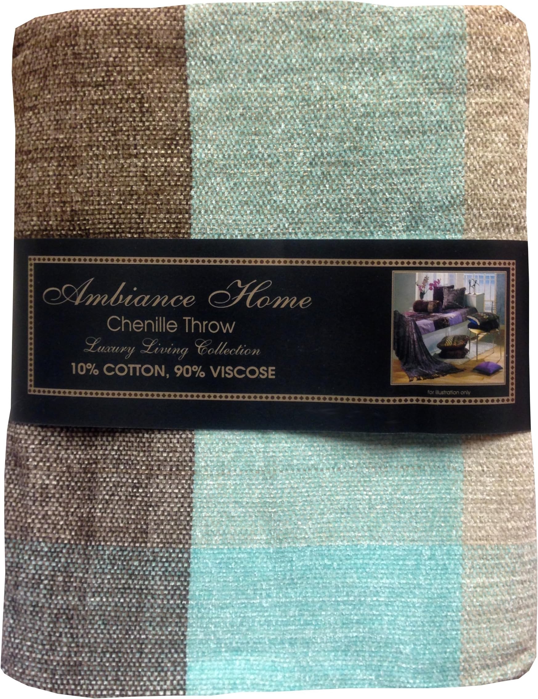 150cm x 190cm Chenille Check Aqua Throw, Modern Checked Squares Fringed Tassel Ends, Teal Turquoise Duck Egg Blue Latte Beige Brown by Ambiance Home