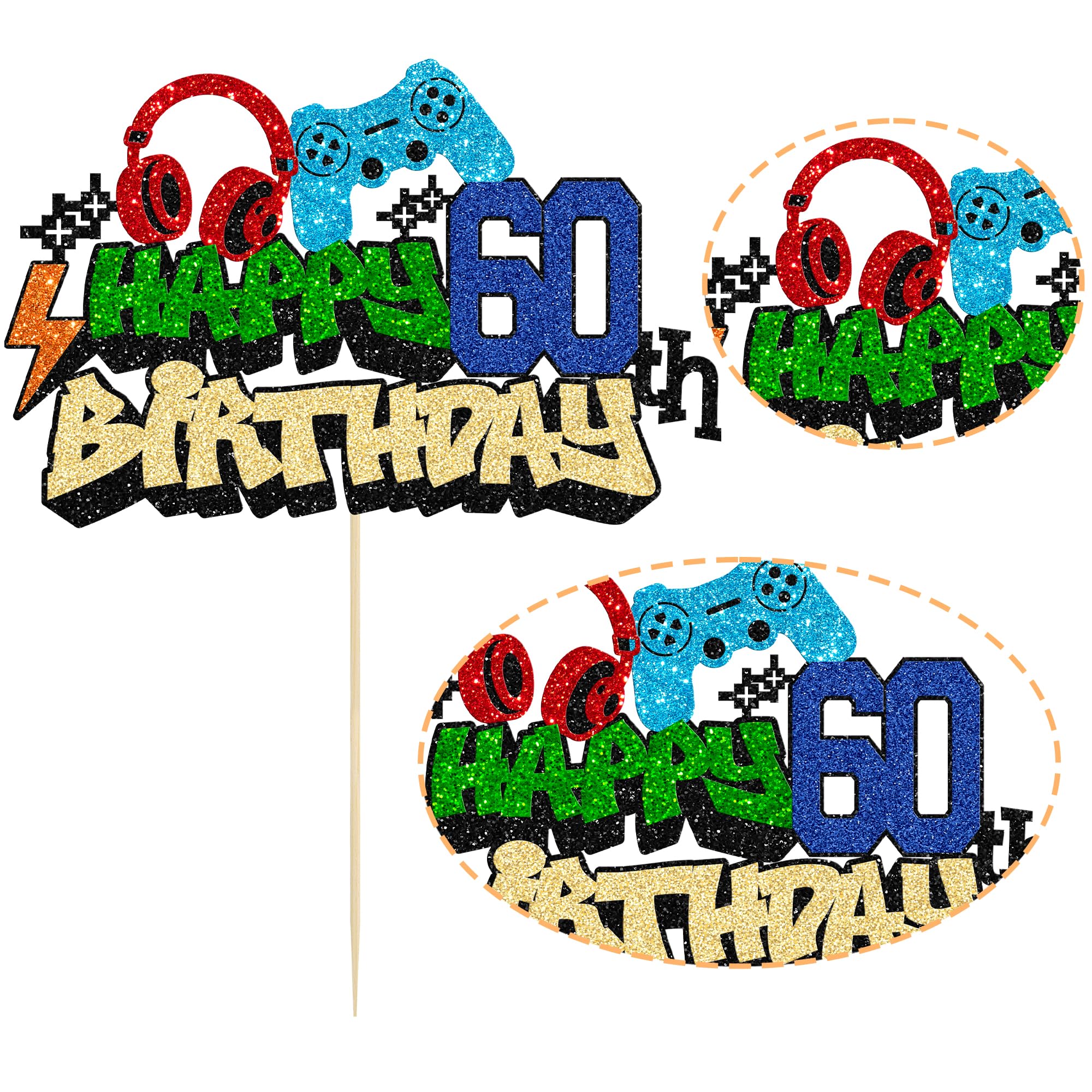 Gyufise 1Pcs Happy 60th Birthday Cake Topper Glitter Video Game Cake Pick Game On Controllers Eighteen Cheers to 18 Years Cake Decoration for Game Theme Happy 60th Birthday Party Supplies 2