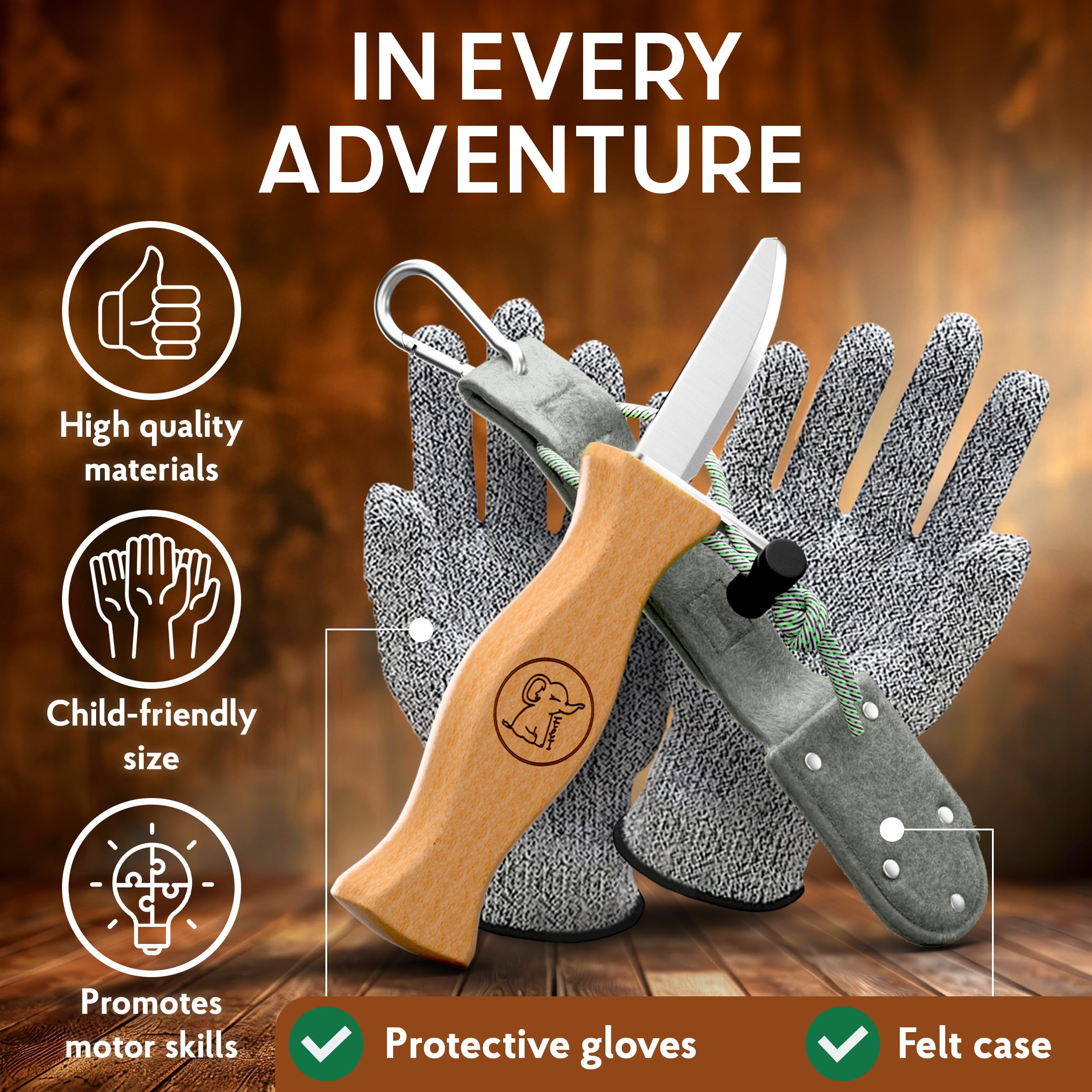 Eli® Coltello da intaglio per bambini con tasca in feltro dai 6 anni in su, set da intaglio per bambini, con guanti resistenti al taglio, coltello da intaglio per bambini, strumento per intaglio,