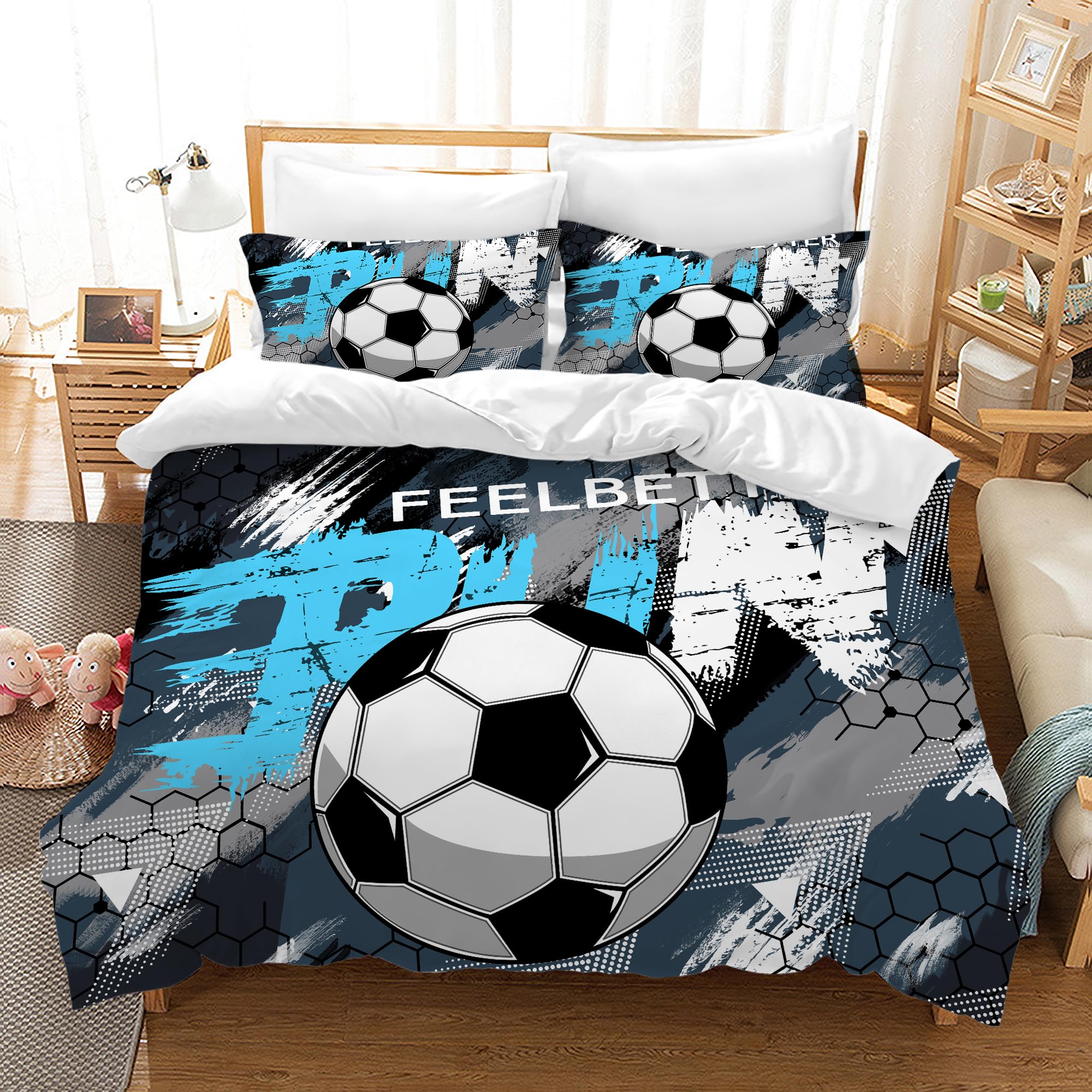 AVJWWD Football Sport Bedding Duvet Cover Set Soft Microfiber Soccer Pattern Bedding Set with Zipper Closure and 2 Pillowcases for Kids Adults (Football D, 220x240cm)