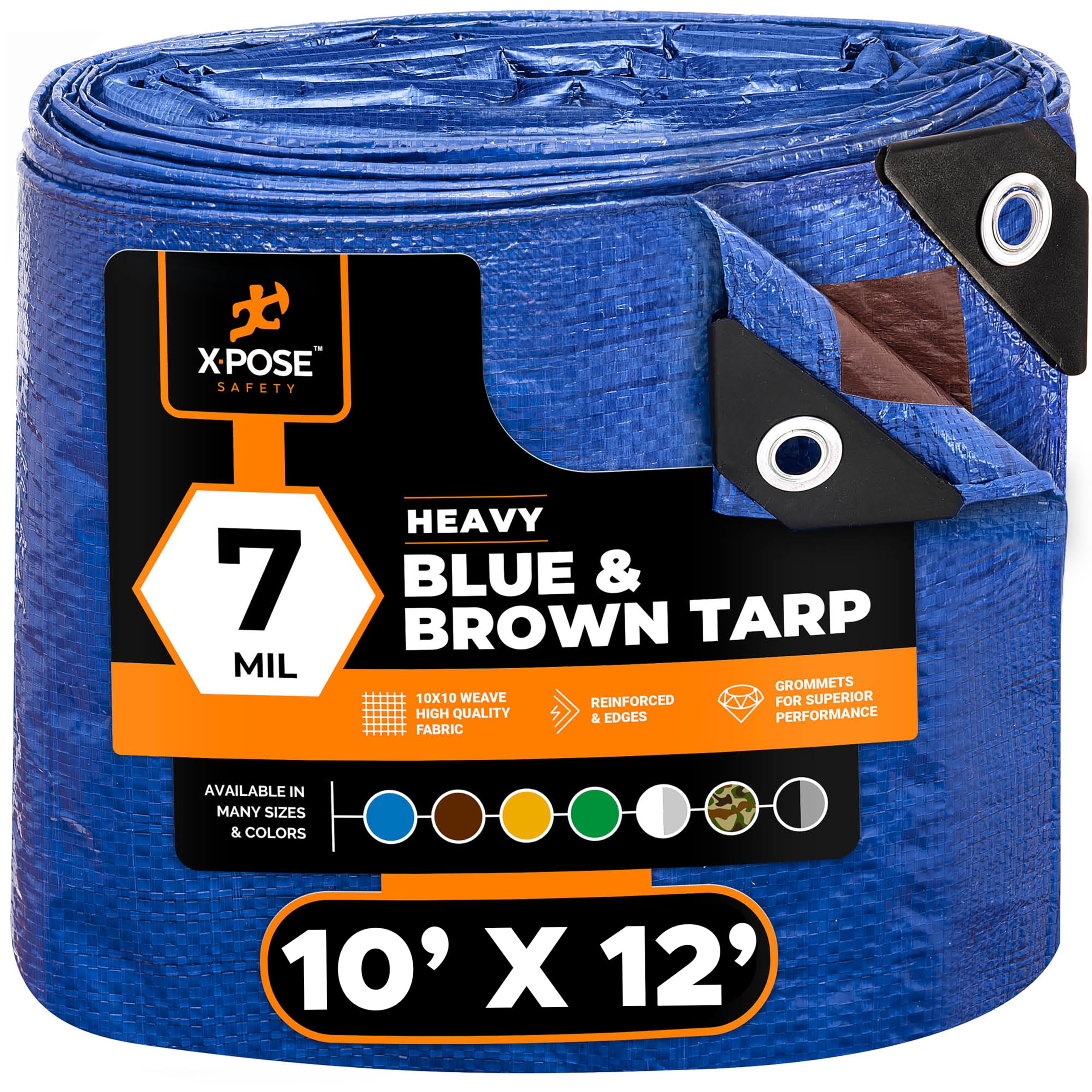 Xpose Safety10’ x 12’ Heavy Blue/Brown Tarp - Waterproof Tarp - 7 Mil Weatherproof Camping Tarp for Tent, Rain, Wind & Sun - Plastic Tarpaulin Cover Outdoor Tarp for Roof, Trailer, RV, Car, Boat