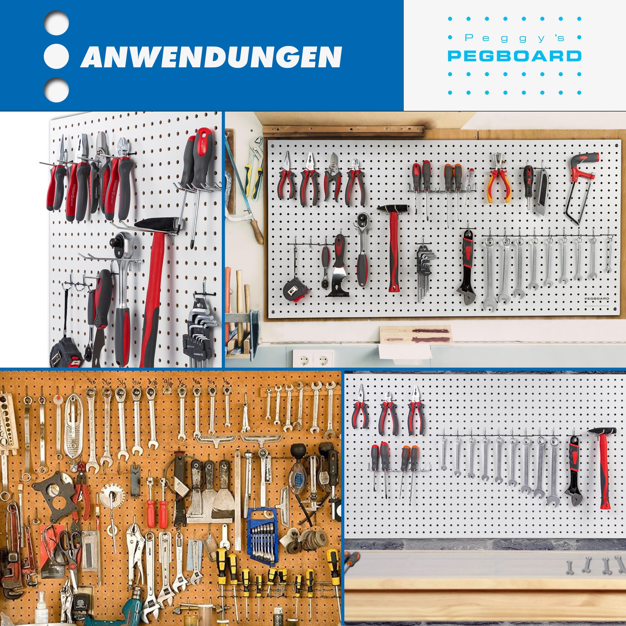 Pegboard Werkzeugwand aus Holz (MDF) inkl. 67-teiligem Hakenset - 120x60x0,5cm weiß/braun, Ø7mm Löcher & 25,4mm Lochabstand - für Werkstatt und mehr - FSC-zertifiziert & Made in Germany