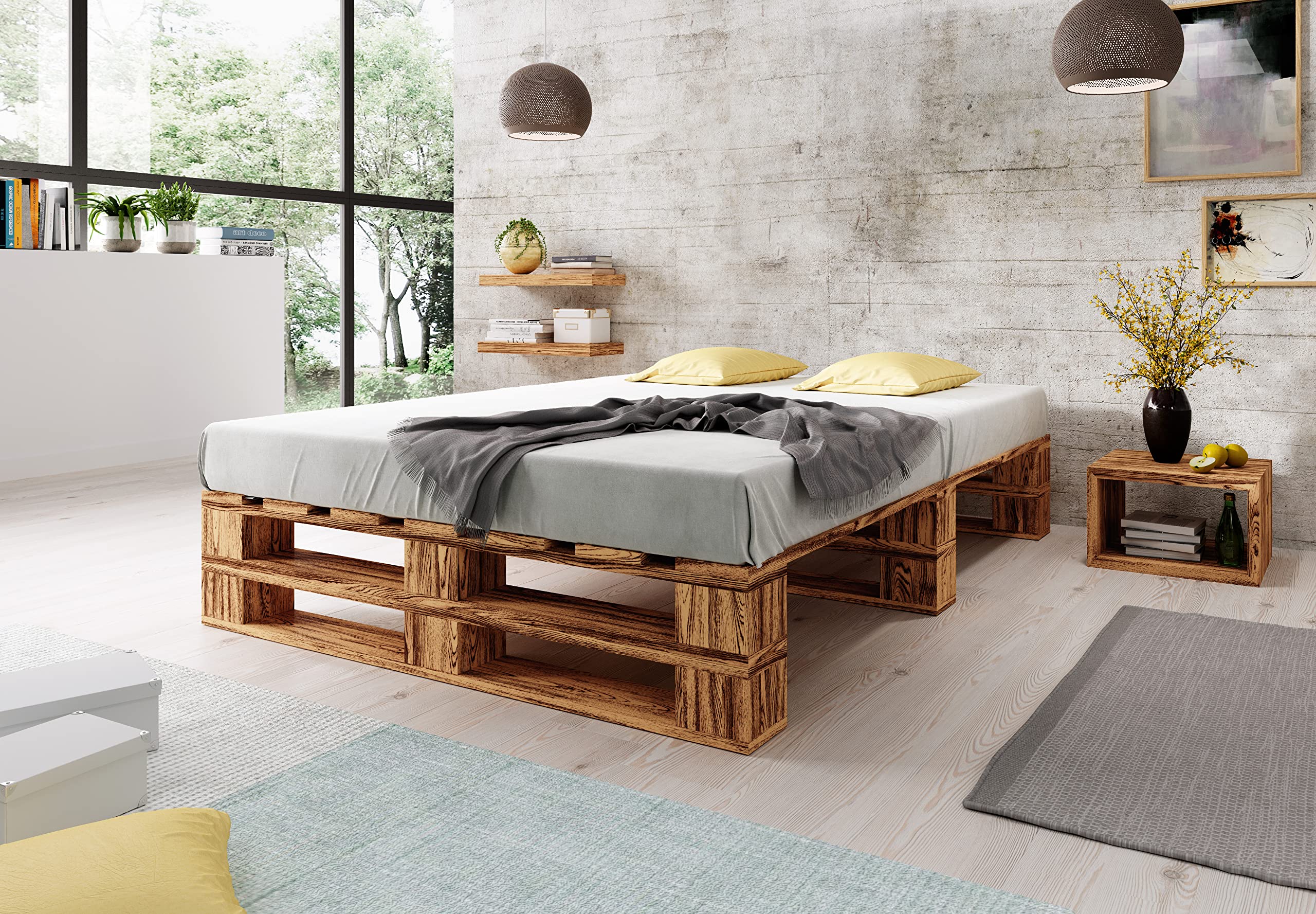 sunnypillow Palettenbett M2 aus Holz 160 x 200 cm mit Lattenrost, Doppelbett, Familienbett - erhöhtes Ehebett Bettgestell Futonbett Komforthöhe Geflammt Massivholzbett