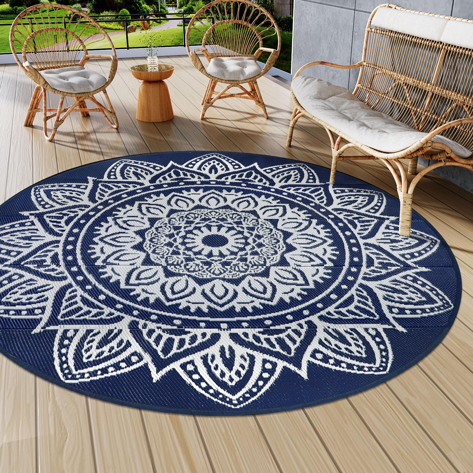 Famibay Outdoor Rugs for Patios Waterproof Graden Rug Round 180cm Camping Rug Reversible Plastic Rug Lightweight Picnic Blanket Outdoor Carpet for Balcony Deck Backyard Porch Beach BBQ โ image 1