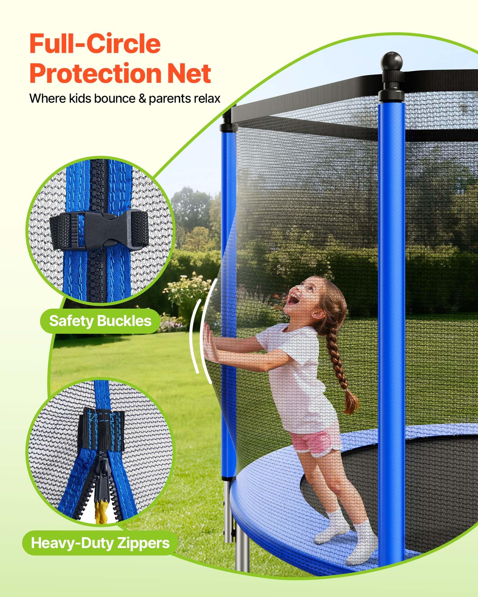 VEVOR Trampolín de Exterior 366 x 256 cm, Cama Elástica Infantil con Red de Protección, Capacidad Máxima de 181 kg, Trampolín al Aire Libre con Postes Rectos, Regalo de Cumpleaños para Niños