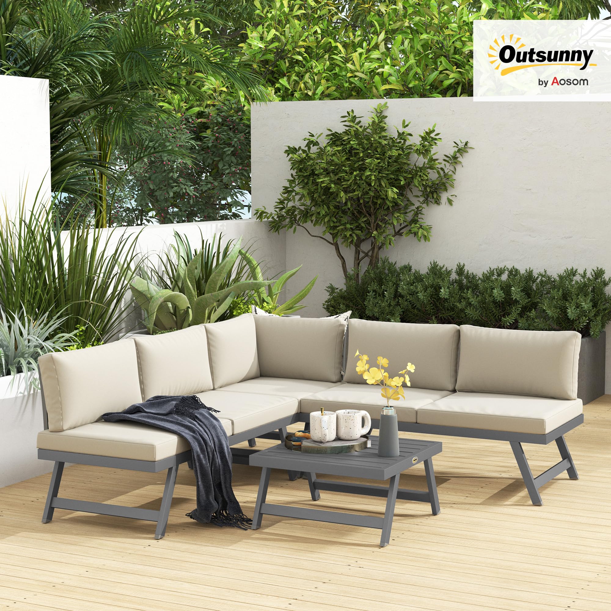 Outsunny Salon de Jardin Extérieur d'angle et Convertible 4 Pièces Beige | Mobilier de Jardin pour Terrasse Balcon, 2 Banquettes, 1 Fauteuil d'Angle, 1 Table Basse, Aluminium et Acier