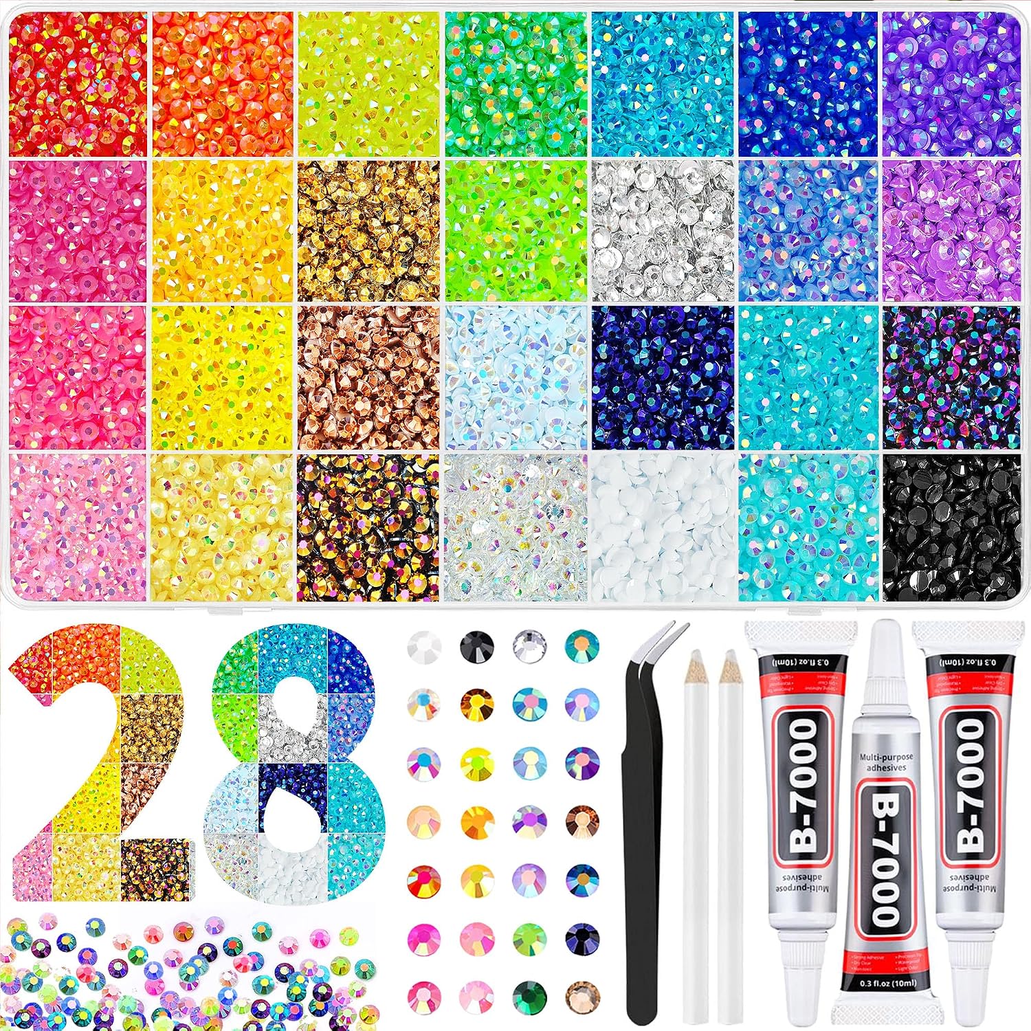 40000Pcs Bedazzling Kit, Bedazzler Kit with Rhinestones, Complete Bedazzle Kit with 40 Colors 3mm Multicolor Flatback Gems, B7000 Jewelry Glue & Tools for Crafts and Nails for Teen Girls & Adults