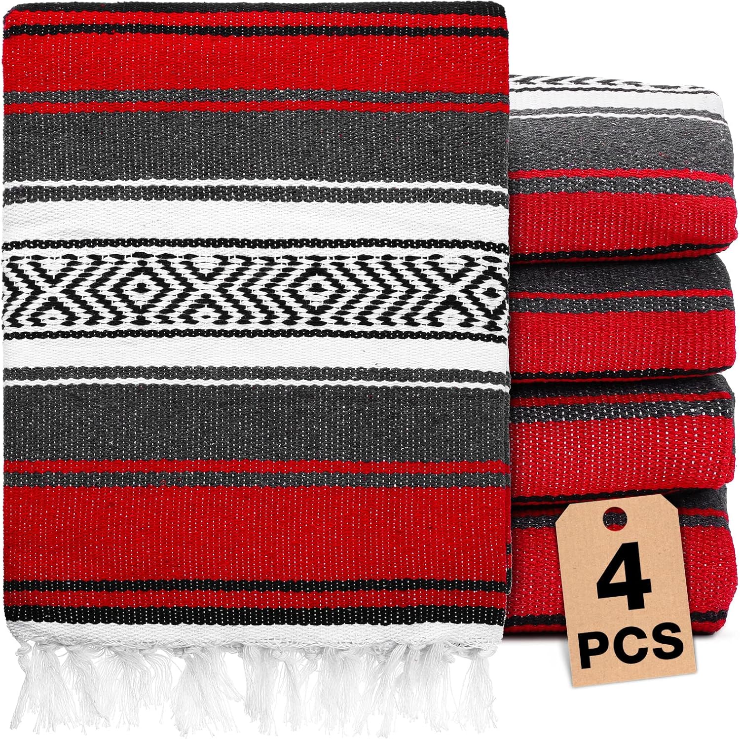4 Pcs Mexican Blankets Bulk Handwoven Mexican Yoga Blanket Towel Colorful Falsa Serape Woven Throw Blanket Boho Beach Blankets for Outdoor Camping Beach Picnic Travel Home(Red)