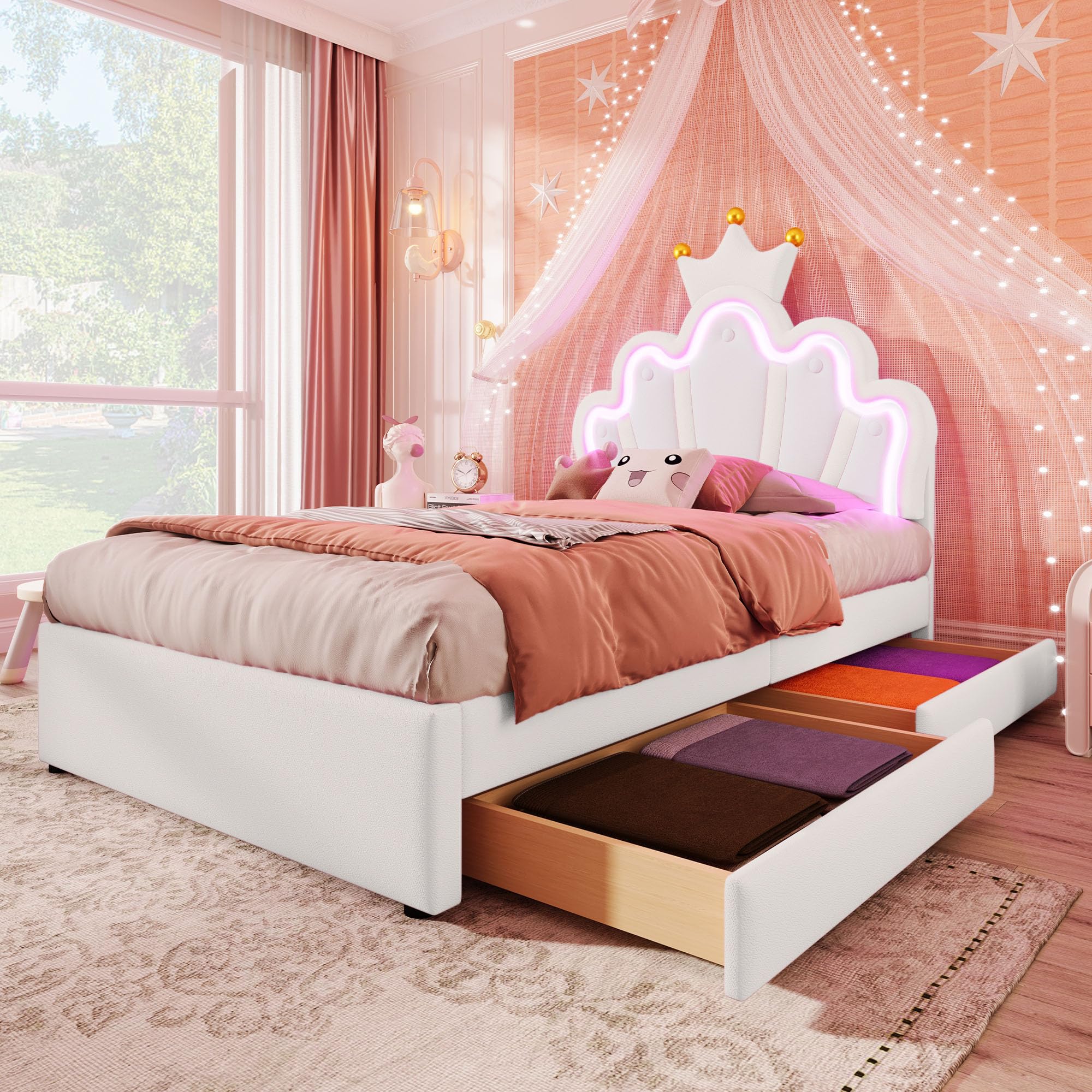 Merax Lit enfant 90x200, lit rembourré pour fille avec tête de lit réglable en forme de couronne, bande LED 16 couleurs, cadre de lit en similicuir PU avec sommier et 2 tiroirs (sans matelas), Blanc
