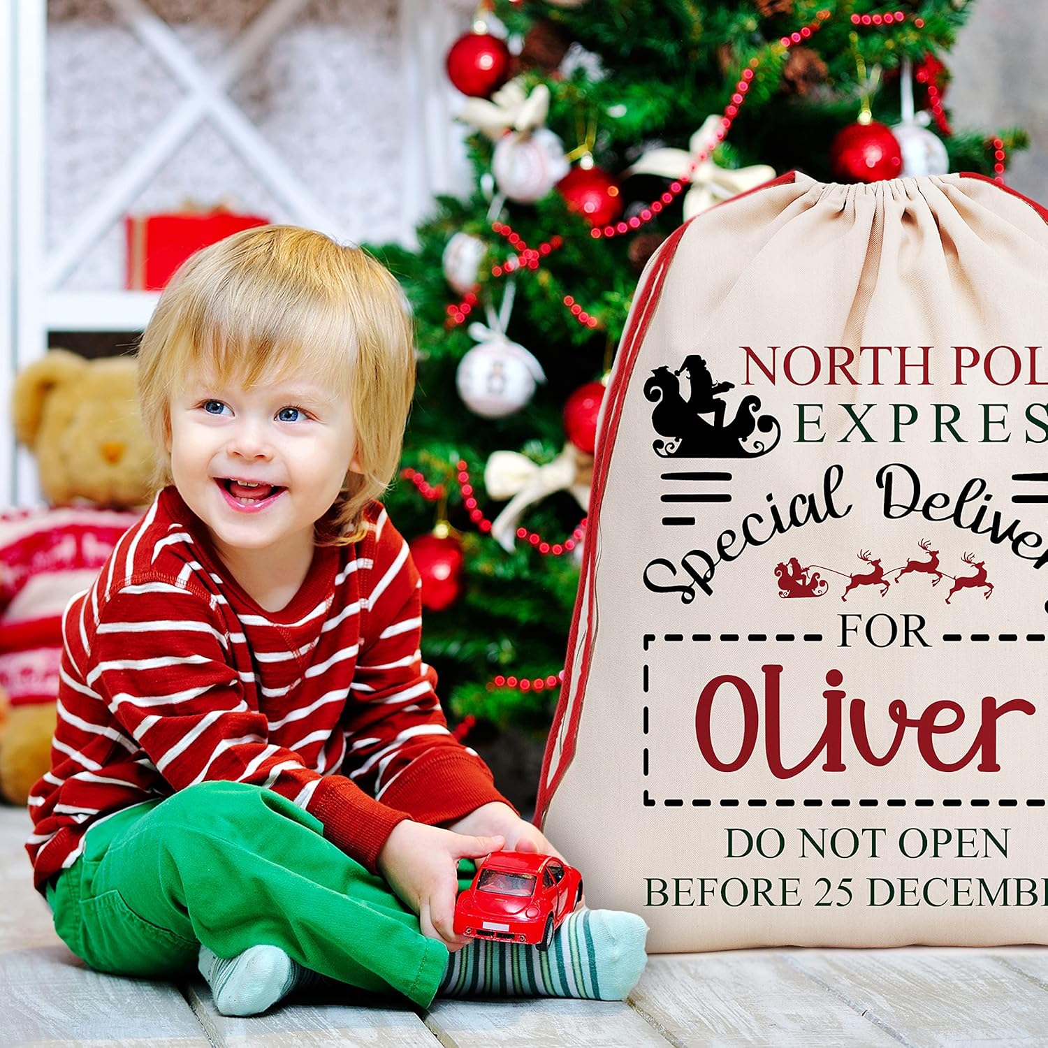 Brd Gifts Set of 2 Personalized Santa Sack w/Name 9 Design Options Custom Christmas Bag for Holiday Presents, 27 x 20 Canvas, Large Santa Gift Sack Santa Mail Service