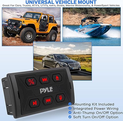 Miniatura 6 de Pyle Controlador de audio Bluetooth inalámbrico para automóvil, botón multimedia Bluetooth IPX6, impermeable, receptor marino con USB, AUX, para