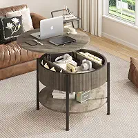 Pequena mesa de centro redonda com painel canelado, mesa de centro elevatória com compartimento oculto e prateleira aberta, mesa central de jantar moderna para sala de estar, escritório em