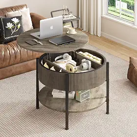 Pequena mesa de centro redonda com painel canelado, mesa de centro elevatória com compartimento oculto e prateleira aberta, mesa central de jantar moderna para sala de estar, escritório em