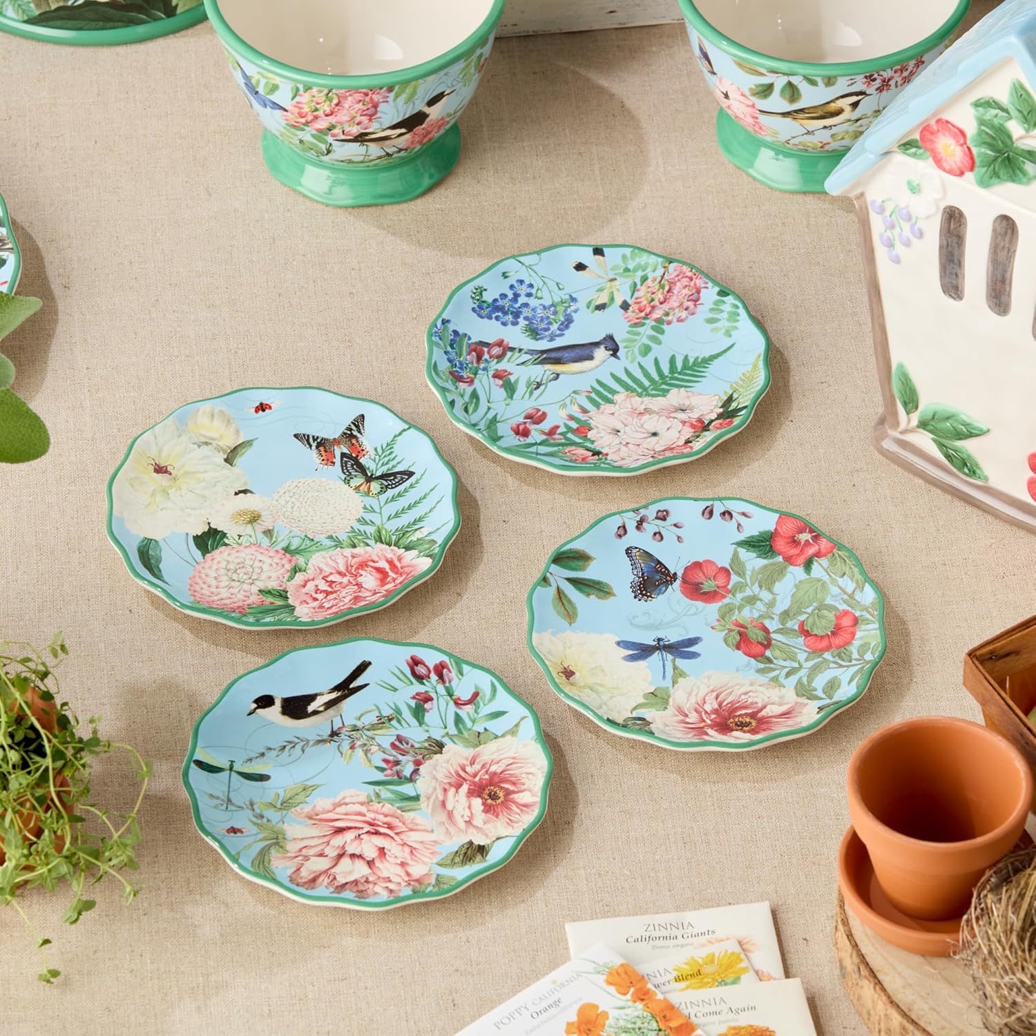 Flora Ceramic Canape Plate Set – 6-Inch Floral Appetizer Plates with Butterfly and Dragonfly Designs, Perfect for Snacks, Desserts, Hors D’oeuvres, and Entertaining