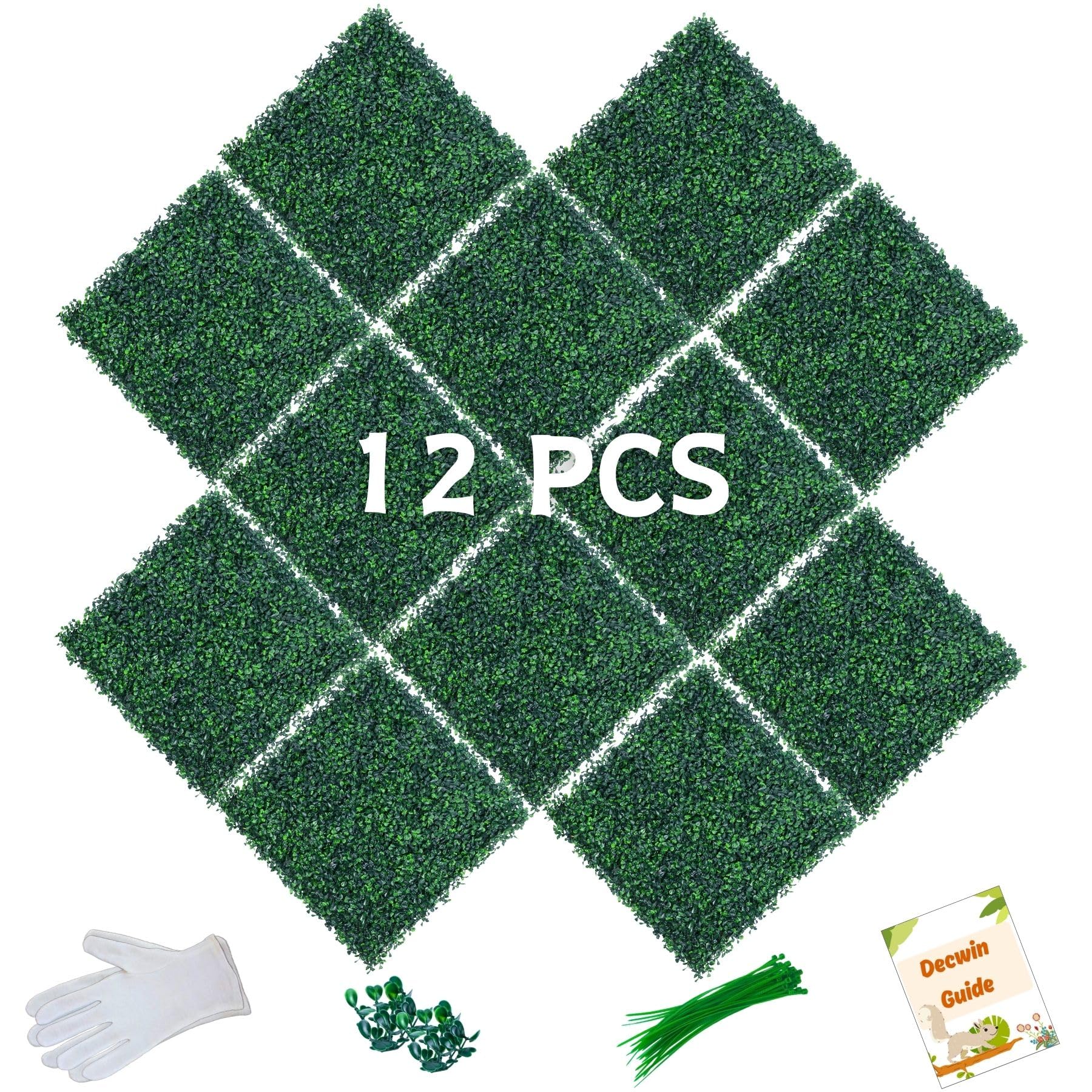 Decwin 12 Pcs 20” X 20” UV Stable Artificial Boxwood Panels Boxwood Hedge Grass Wall Green Wall Greenery Backdrop Panels Wall for Indoor Outdoor Decor Garden Fence