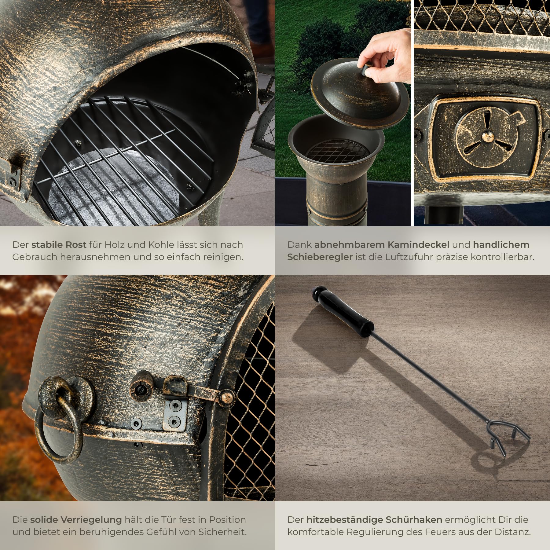 tectake® Vintage Outdoor Terrassenofen, Gartenofen aus Gusseisen, Raketenofen, Aztekenofen mit Funkenschutz, Grill Rost und Schürhaken, Gartendeko Kamin, Deko für Terrassen oder Balkon, Kaminofen