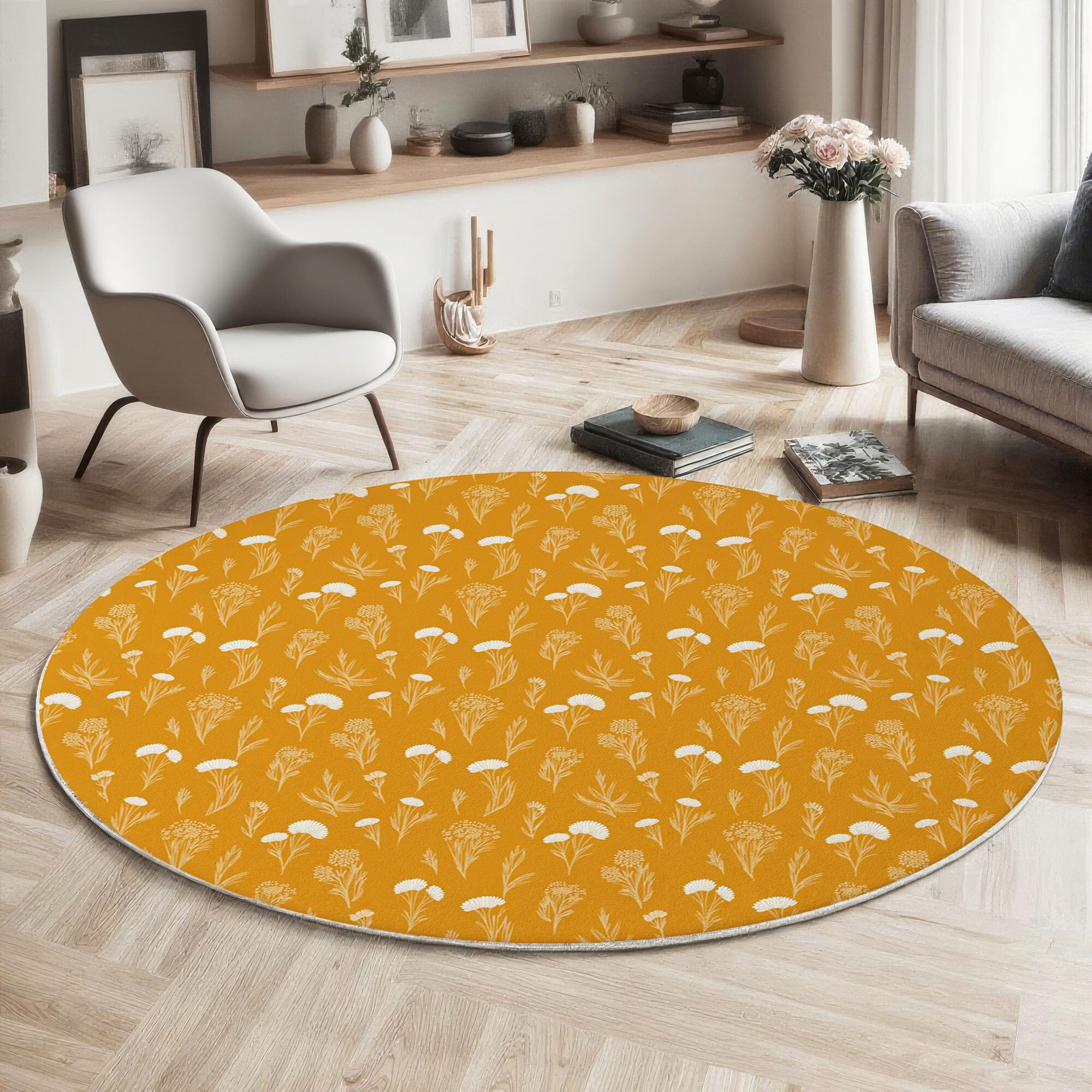Teppich Rund 120cm Ländlicher, Natürlicher Stil rutschfest Teppiche Wildblumen Waschbar Wohnzimmerteppich Kurzflor Weich Runder Teppich Senfgelb for Schlafzimmer Studie Heimbüro