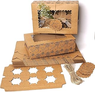 mudrit 20-Pack Brown Cupcake Boxes with Insert Trays, Tags and Twine | Food Grade Kraft Bakery Boxes with Window to Fit 6 Cupcakes