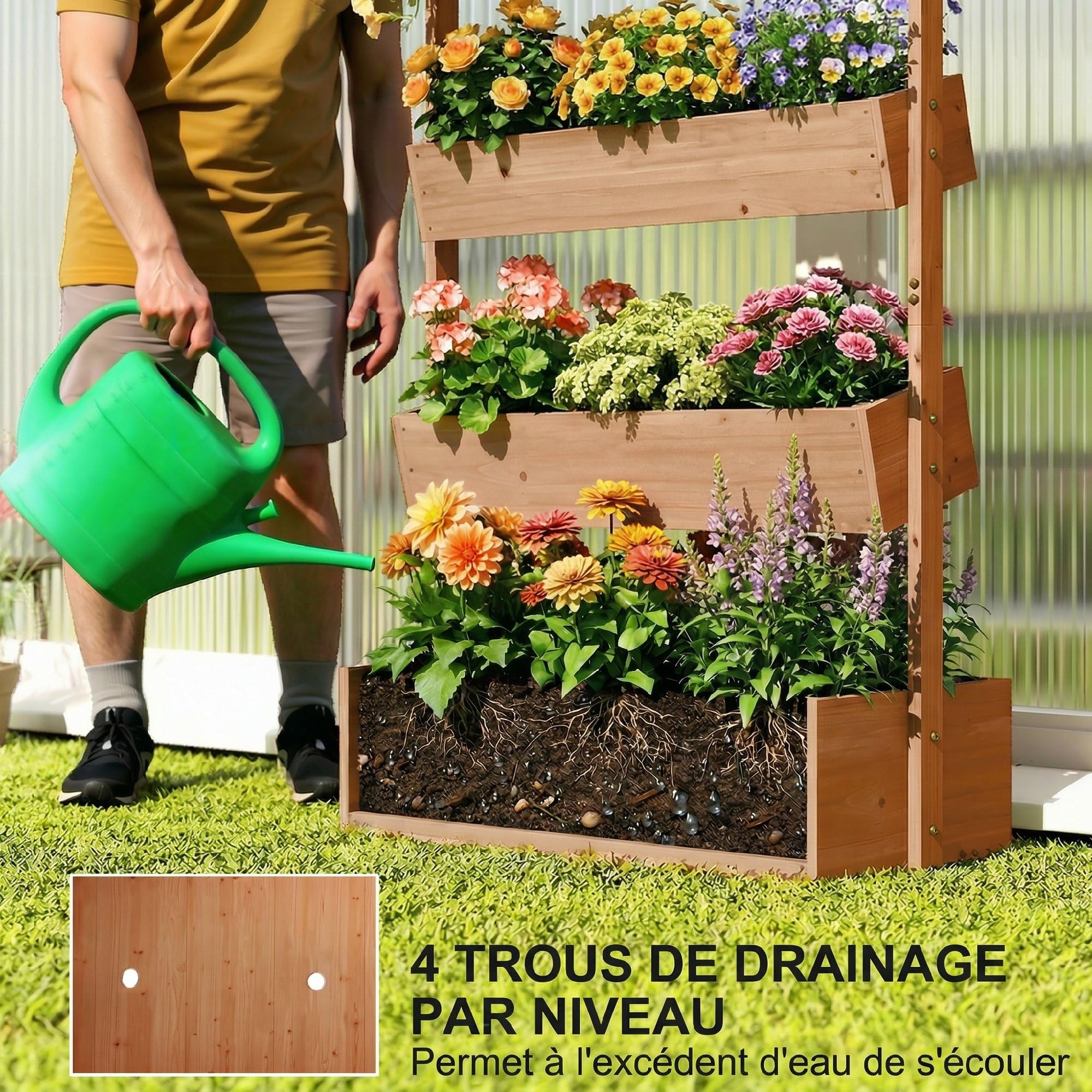 Outsunny Jardinière Surélevée en Bois à 4 Niveaux, Carré Potager de Jardin avec Doublure en Tissu et Trous de Drainage pour Légumes, Herbes, Fleurs, 85x45x140cm, Marron