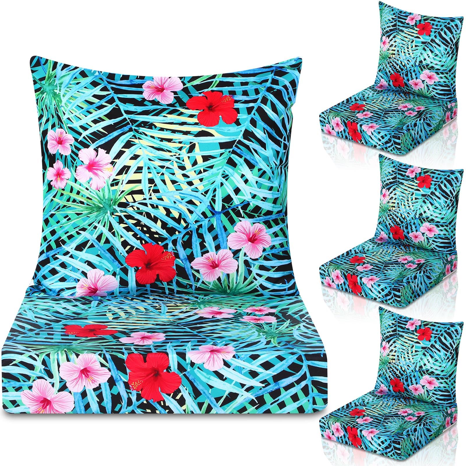hoteam 4 set outdoor chair patio cushions 20 x 20 inch deep seat waterproof chair cushions for patio furniture set replacement removable seat and back (tropical plant)