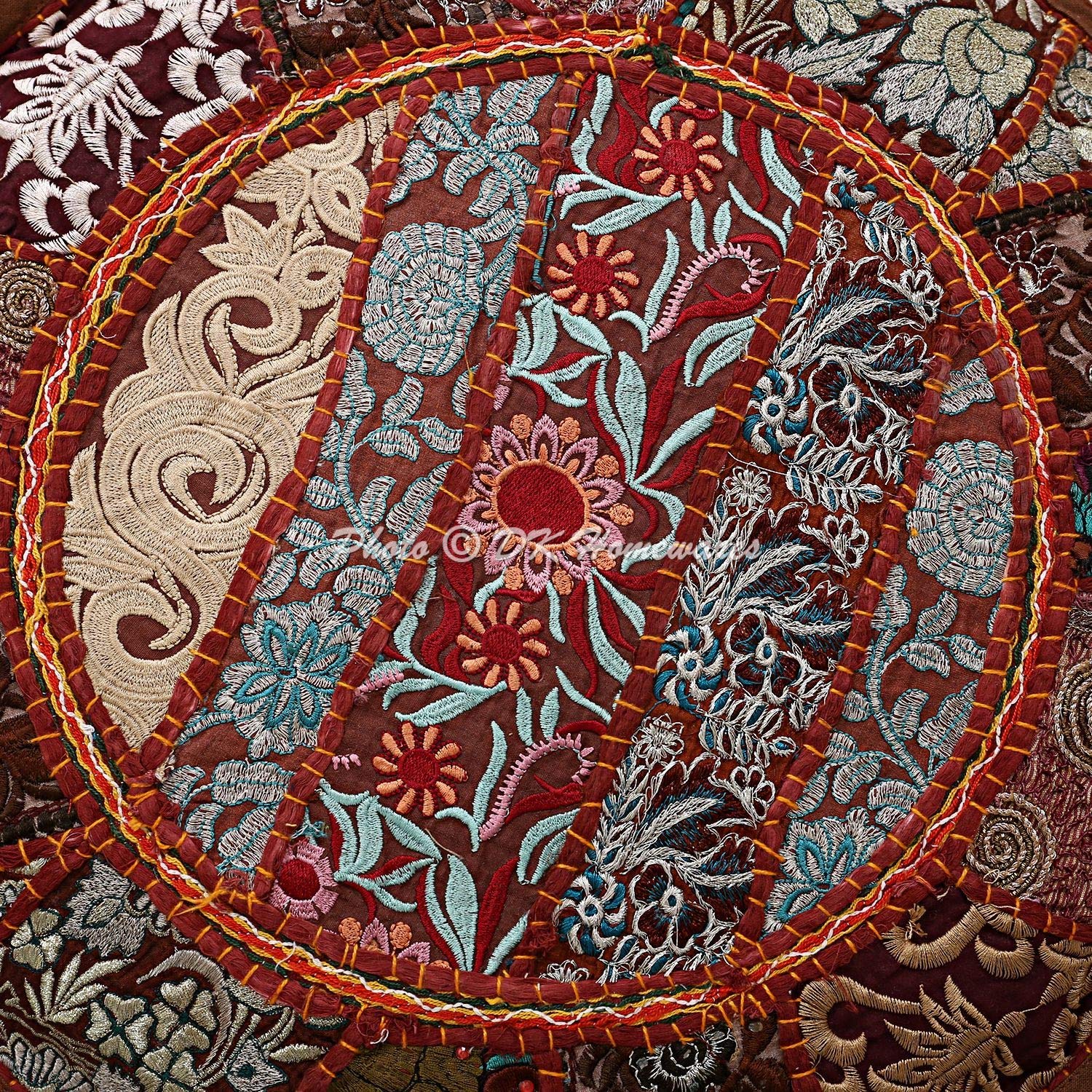 Pouf Ottomano Rotondo Patchwork - Coperta Decorativa Per Interni Stile Indiano - Foto 7