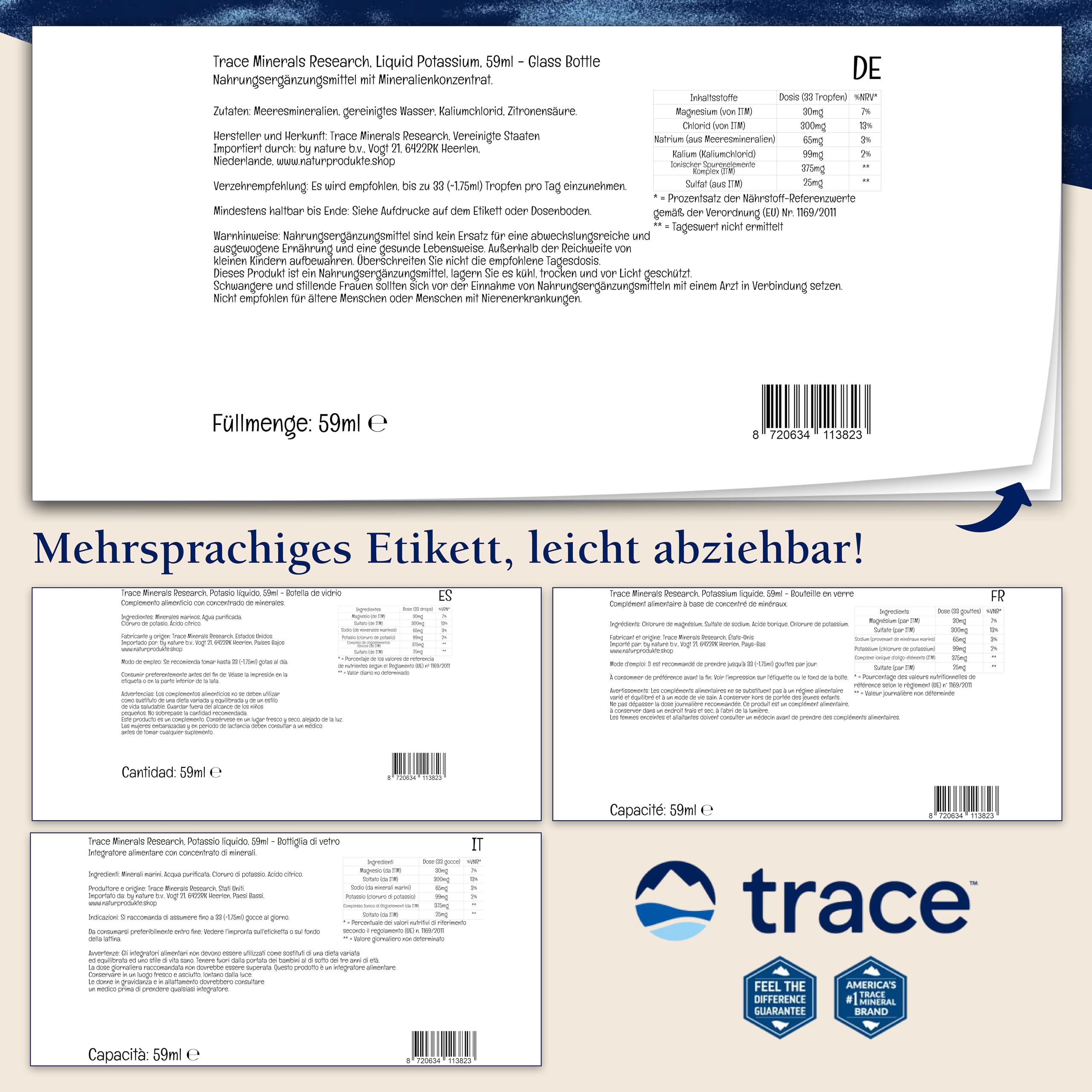 Trace Minerals Research, Ionic Potassium, 99mg Kalium, 59ml, Laborgeprüft, Glutenfrei, Sojafrei, Vegetarisch