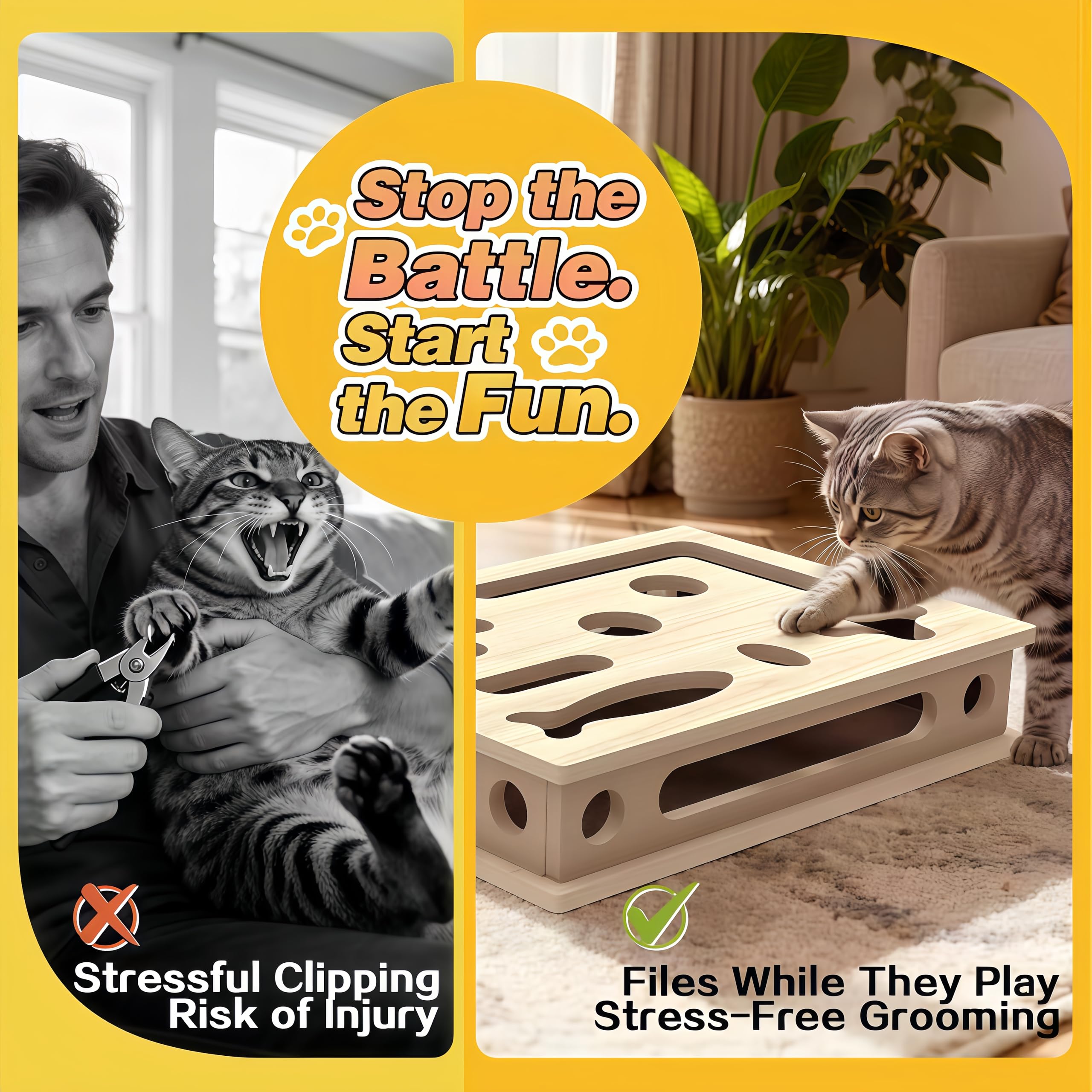 MEIION Pfotenprofis Katzen Beschäftigungsbox aus Holz mit Sandpapier und 3 Klingelbällen, interaktive Kratzkiste für Indoor Katzen, schützt Möbel und ideales Katzenspielzeug für Kätzchen