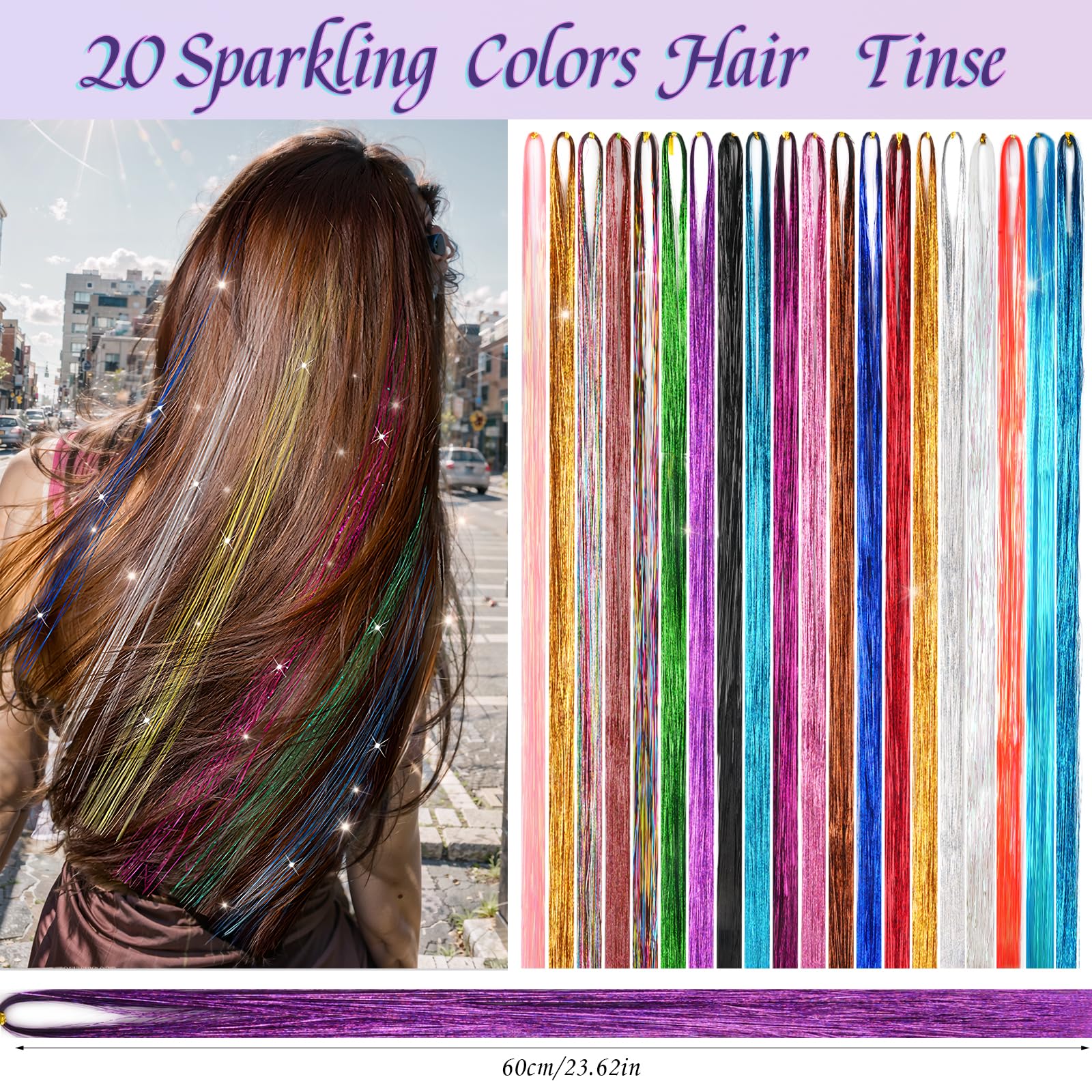 Hair Tinsel Kit With Tools, 20 Colours 4000 Strands Glitter Extensions, 47 Inch Sparkling Shiny Tinsel - Image 2