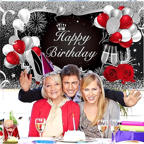 Miniatura 3 de Irenare Cartel de feliz cumpleaños rojo telón de fondo rojo decoración para mujeres y hombres, pancarta negra para suministros de fiesta, globos de