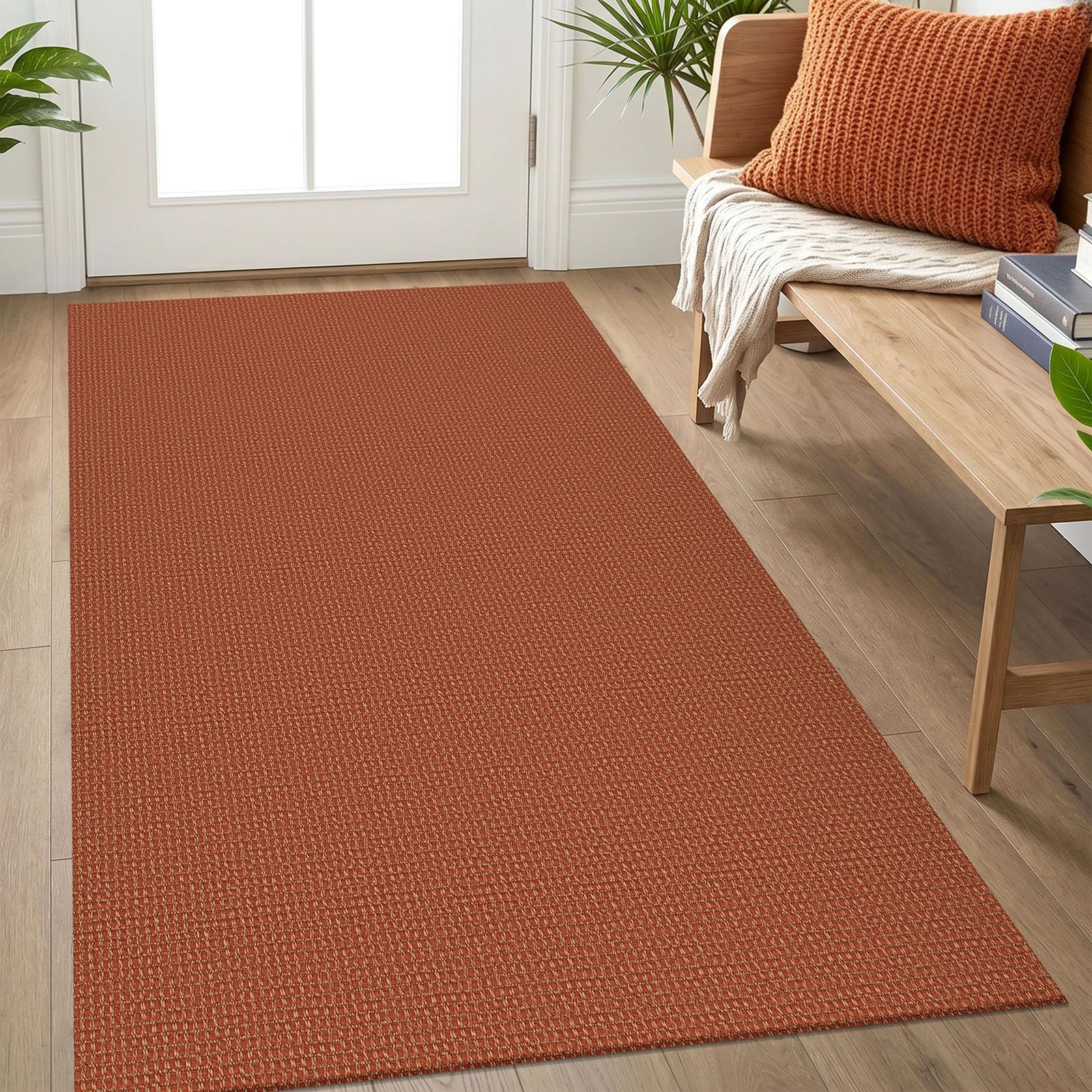 IOHOUZE Washable Area Rug 3x5 Non Slip Rubber Backed Woven Rugs for Entryway Rugs Indoor Outdoor Doormat Throw Rug Floor Carpet for Entrance Kitchen Front Door, Burnt Orange/Tan