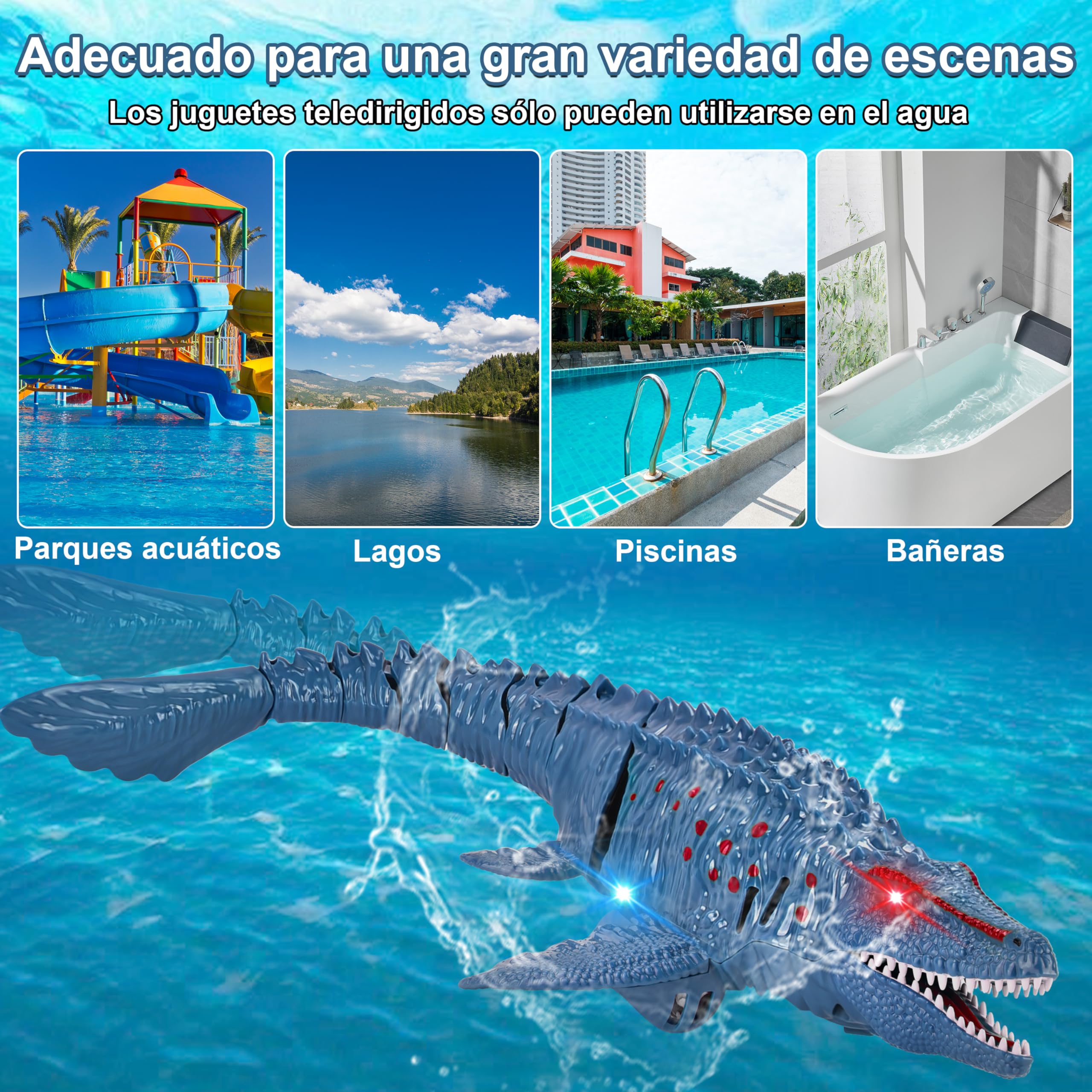 IEEILULU Barcos Teledirigido RC Mosasauru, 2.4GHz Barco Tiburón Dinosaurio Eléctrico con Luces y USB, Juguete Acuático Teledirigido, Regalo para Niños Mayores de 8+ Años Piscina y Lagos (Azul)