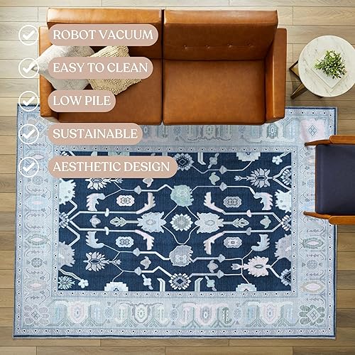 Miniatura 3 de Fame Living Alfombra Azul Marino Oushak, Moderna, Vintage, Turca, Ecléctica, Floral, Pastel, Lavable, Alfombras de Área Extra Grandes para Sala