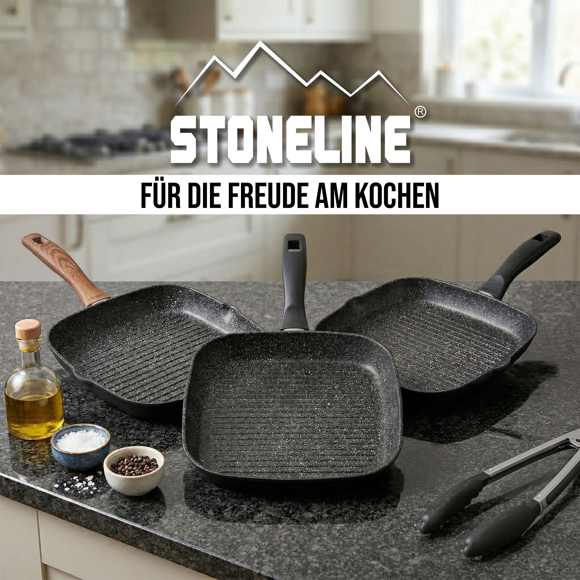 STONELINE Grillpfanne 26 x 26 cm, Aluguss, Antihaftbeschichtung mit echten Steinpartikeln, Große Pfanne Induktion backofengeeignet, Steakpfanne Eckige Pfanne, Schwarz