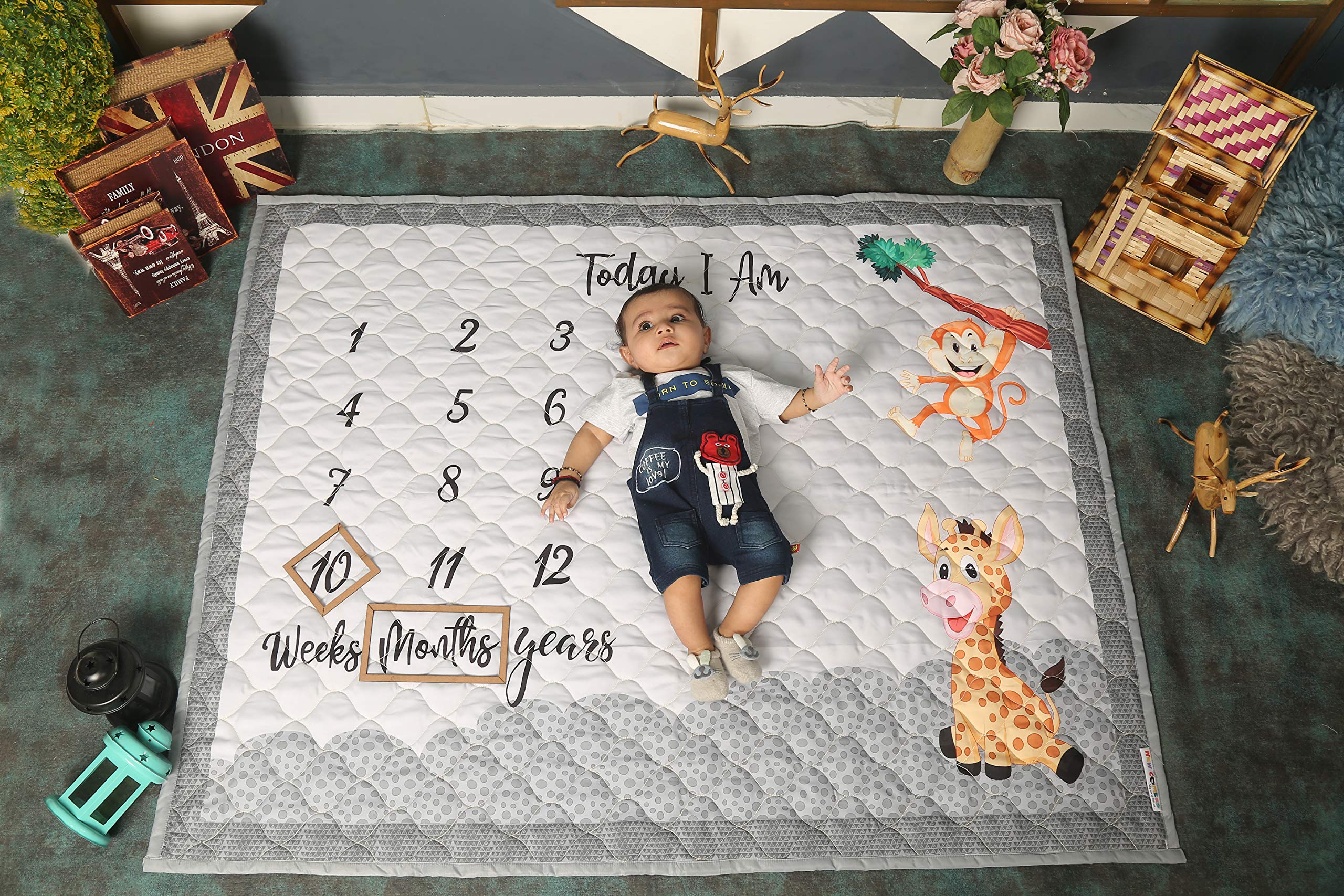 NEW COMERS® Milestone Baby Blanket for All Season, Cotton Blanket with Props (Wooden Rings) for Summer/Winter/Ac Room Blankets for New Born/Kids Monthly Photoshoot Swaddle, TC (80/153) 135x115x2cm_510