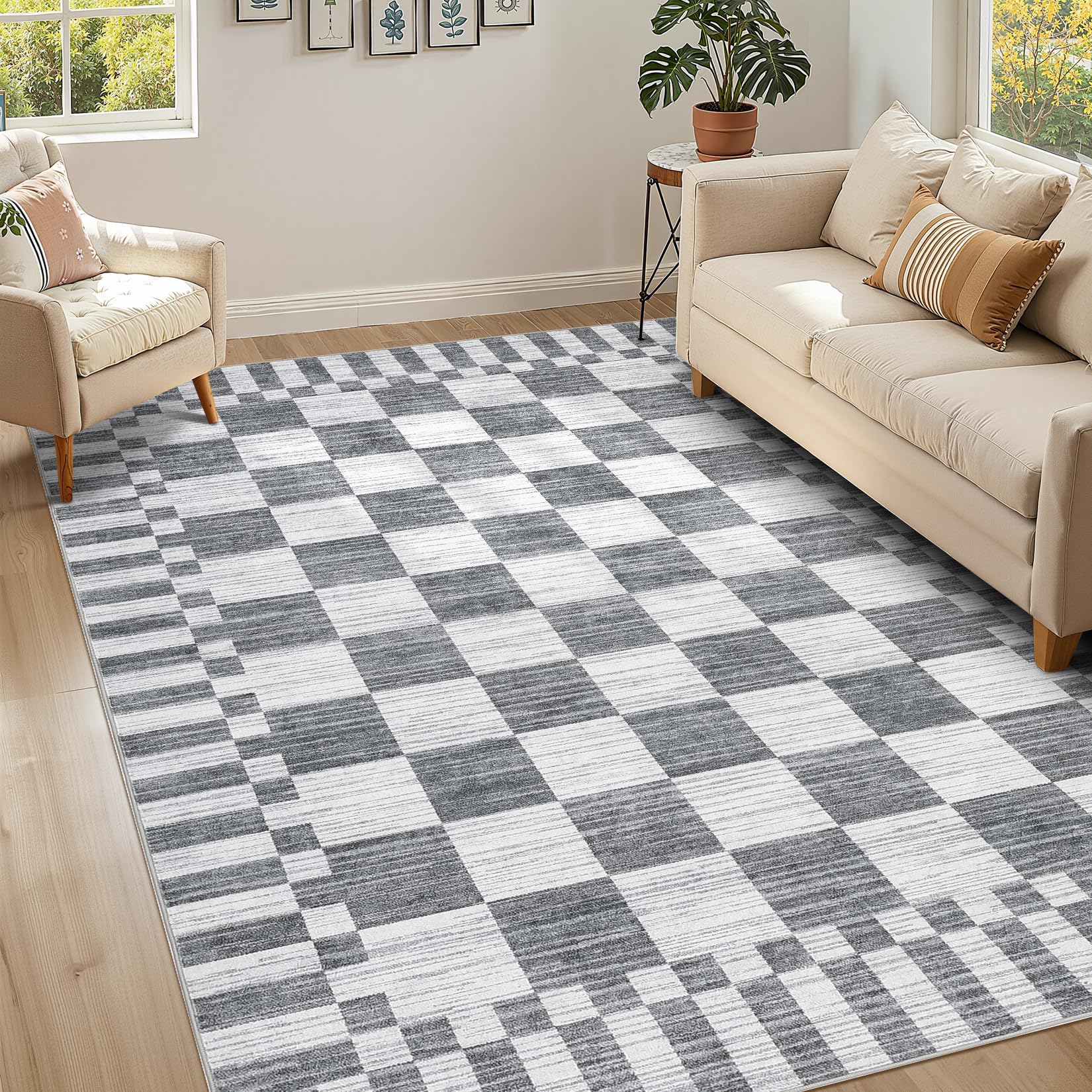 FairyStyle Checked Light Grey Large Rugs Living Room Washable 200 x 300 cm — image 1