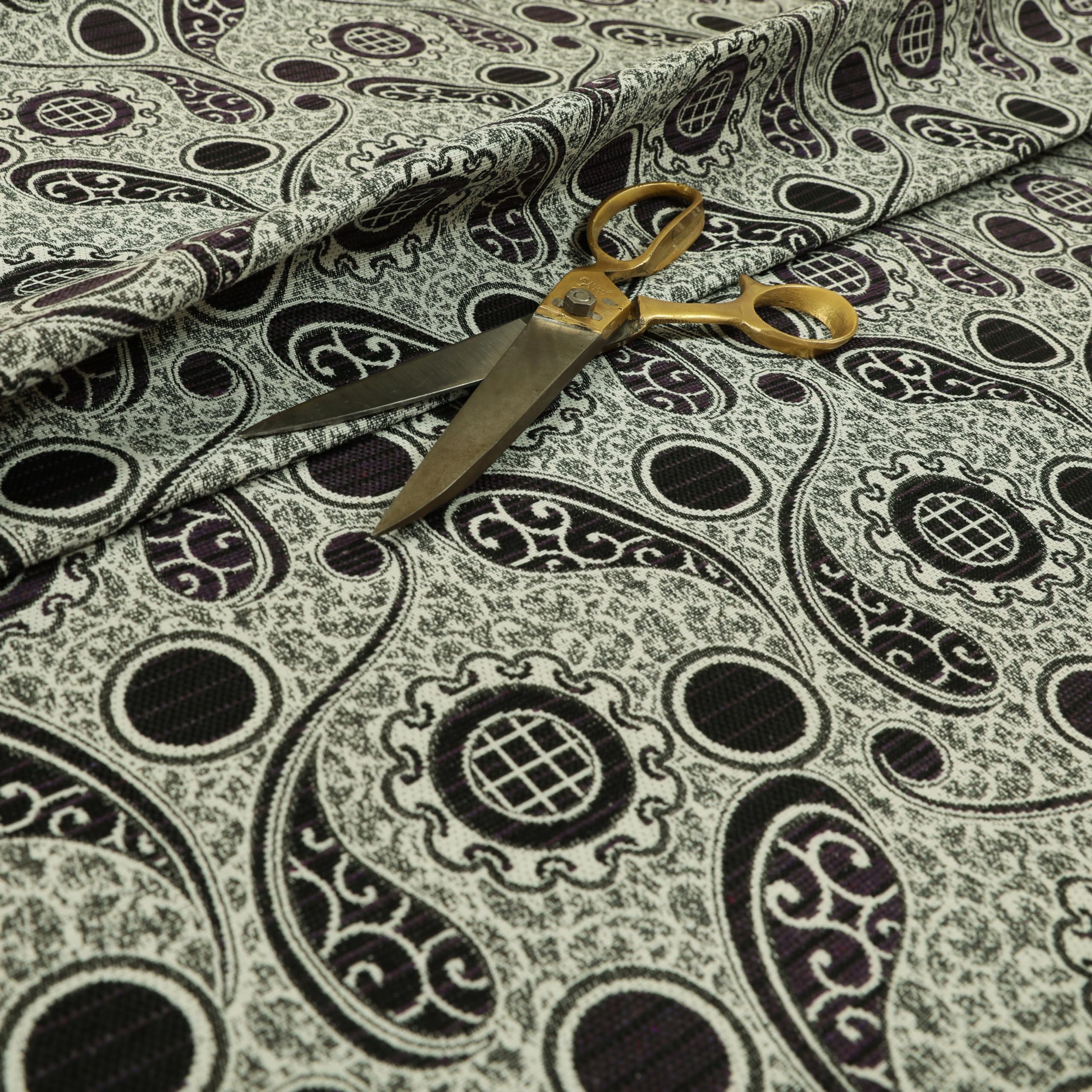 Redbrick Mill Fabrics Flame Retardant Modern Upholstery Furnishing Pattern Fabrics Paisley Damask in Purple Black (Per Metre) โ image 1