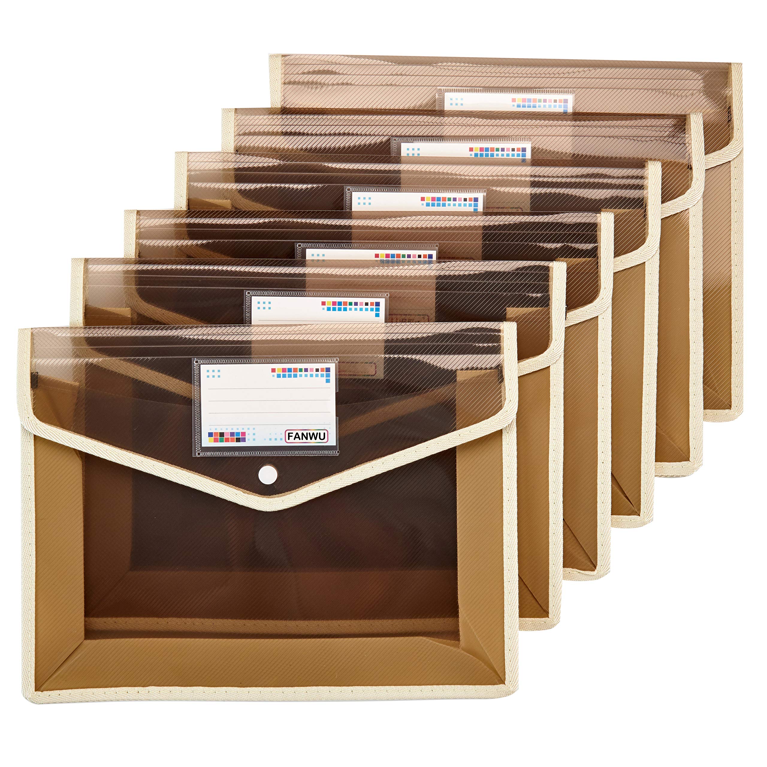 FANWU6 Pack Plastic File Wallet Document Organizer with Flap and Snap Button Closure, 2.8”Expansion, Large Poly A4 Expandable File Folder for School Office Home Storage (Beige&Black-6 Pack)